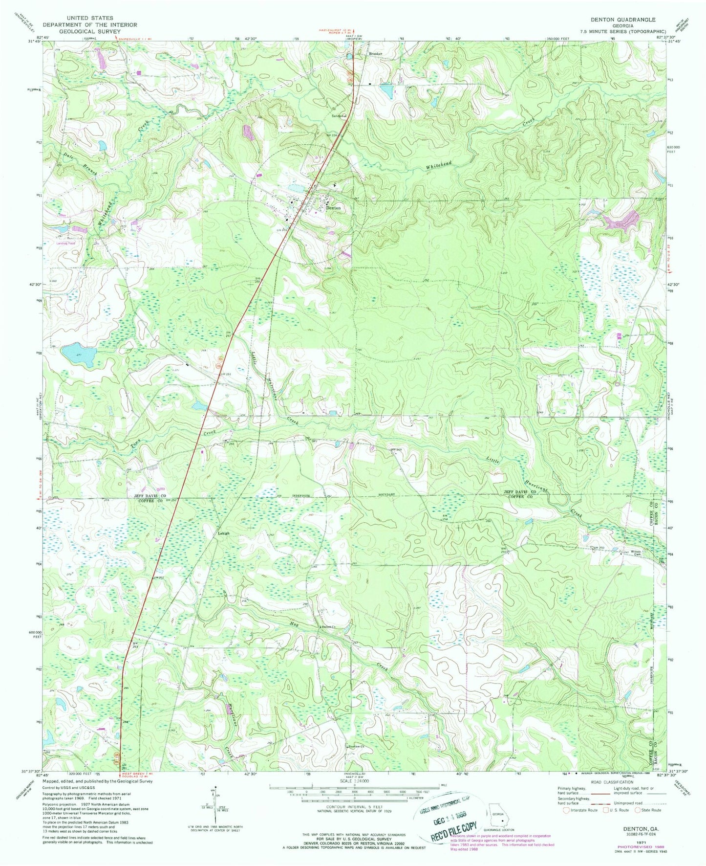 Classic USGS Denton Georgia 7.5'x7.5' Topo Map Image