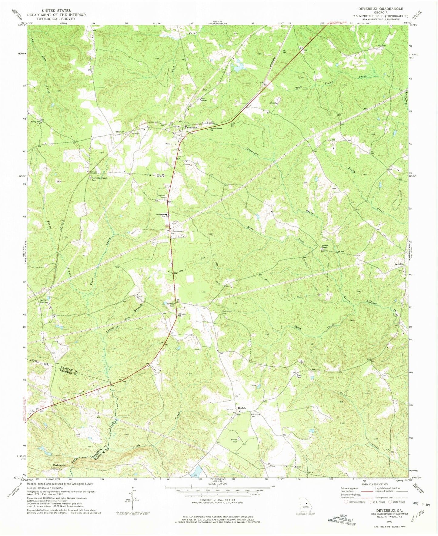 Classic USGS Devereux Georgia 7.5'x7.5' Topo Map Image