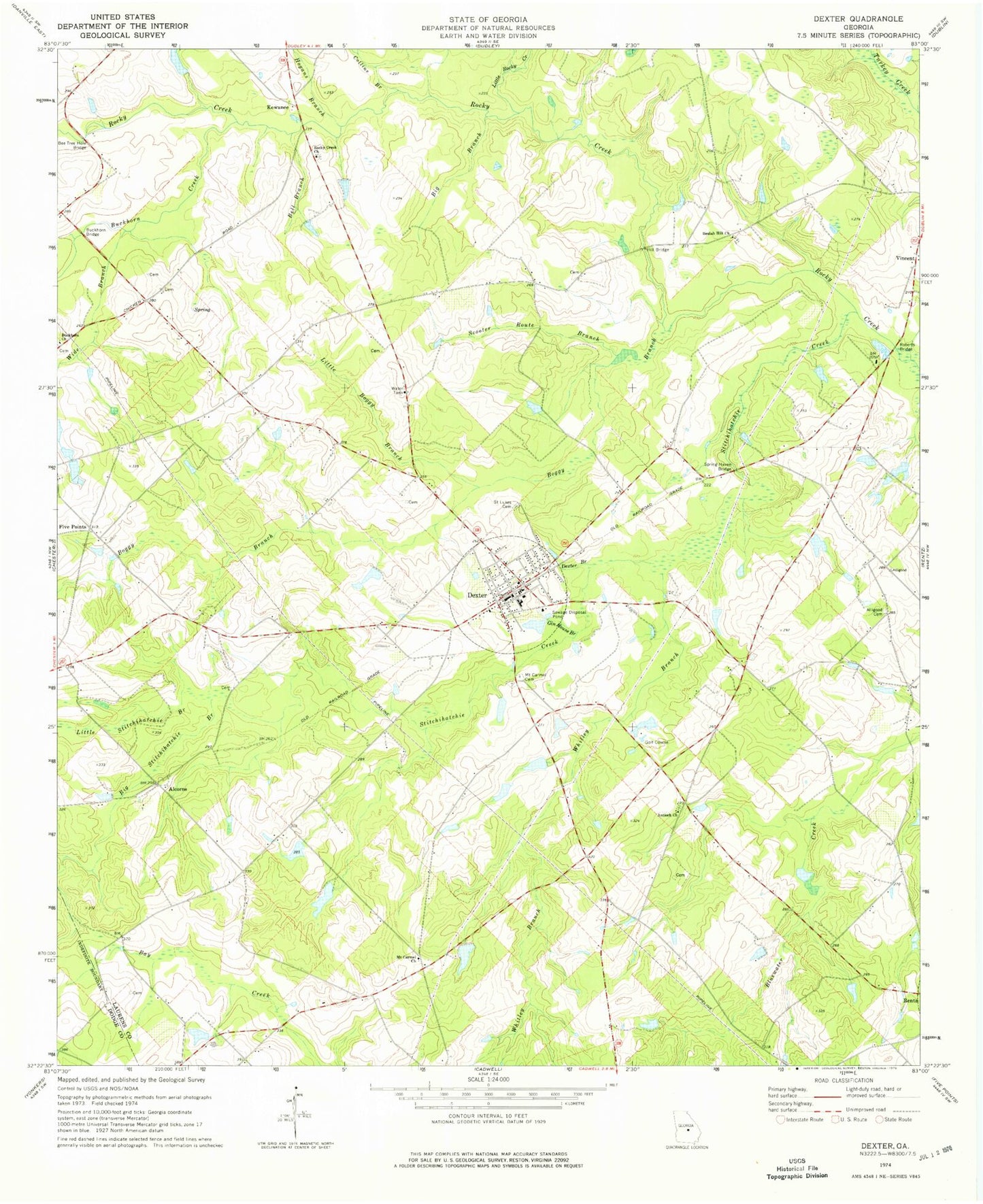 Classic USGS Dexter Georgia 7.5'x7.5' Topo Map Image