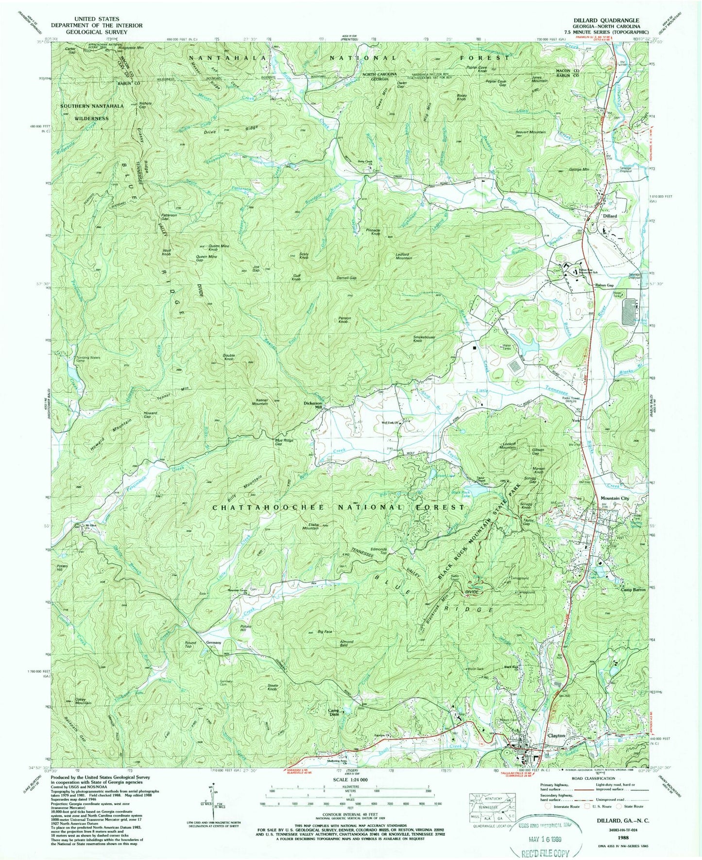 Classic USGS Dillard Georgia 7.5'x7.5' Topo Map Image