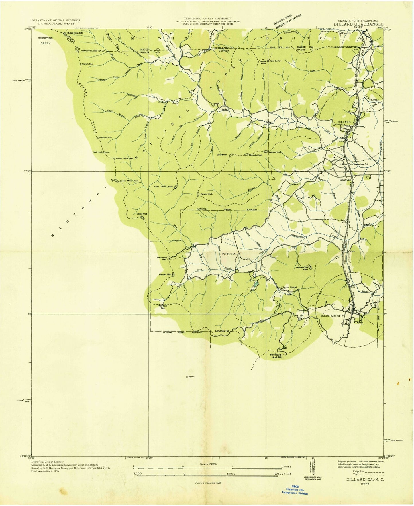 Classic USGS Dillard Georgia 7.5'x7.5' Topo Map Image