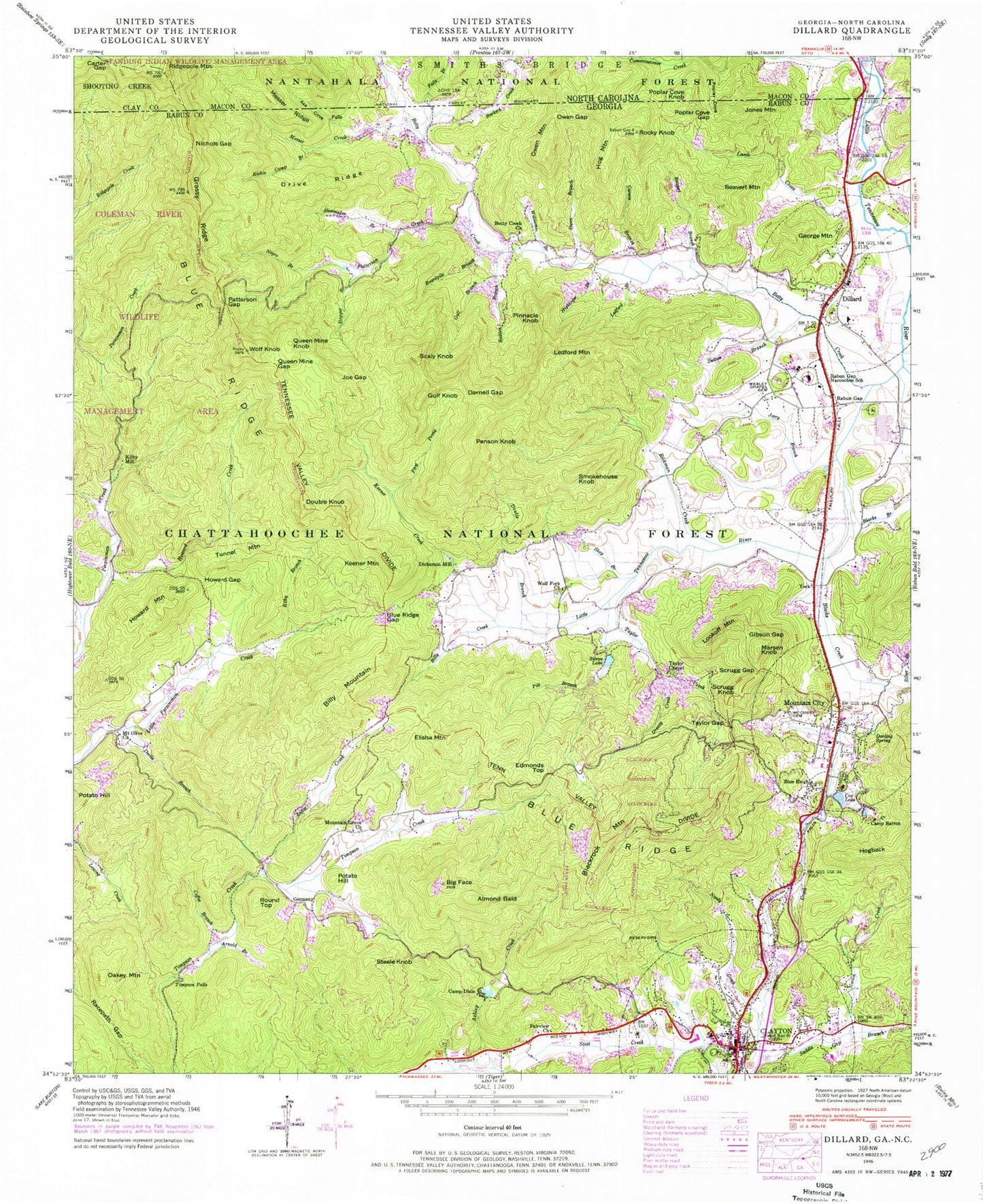 Classic USGS Dillard Georgia 7.5'x7.5' Topo Map Image