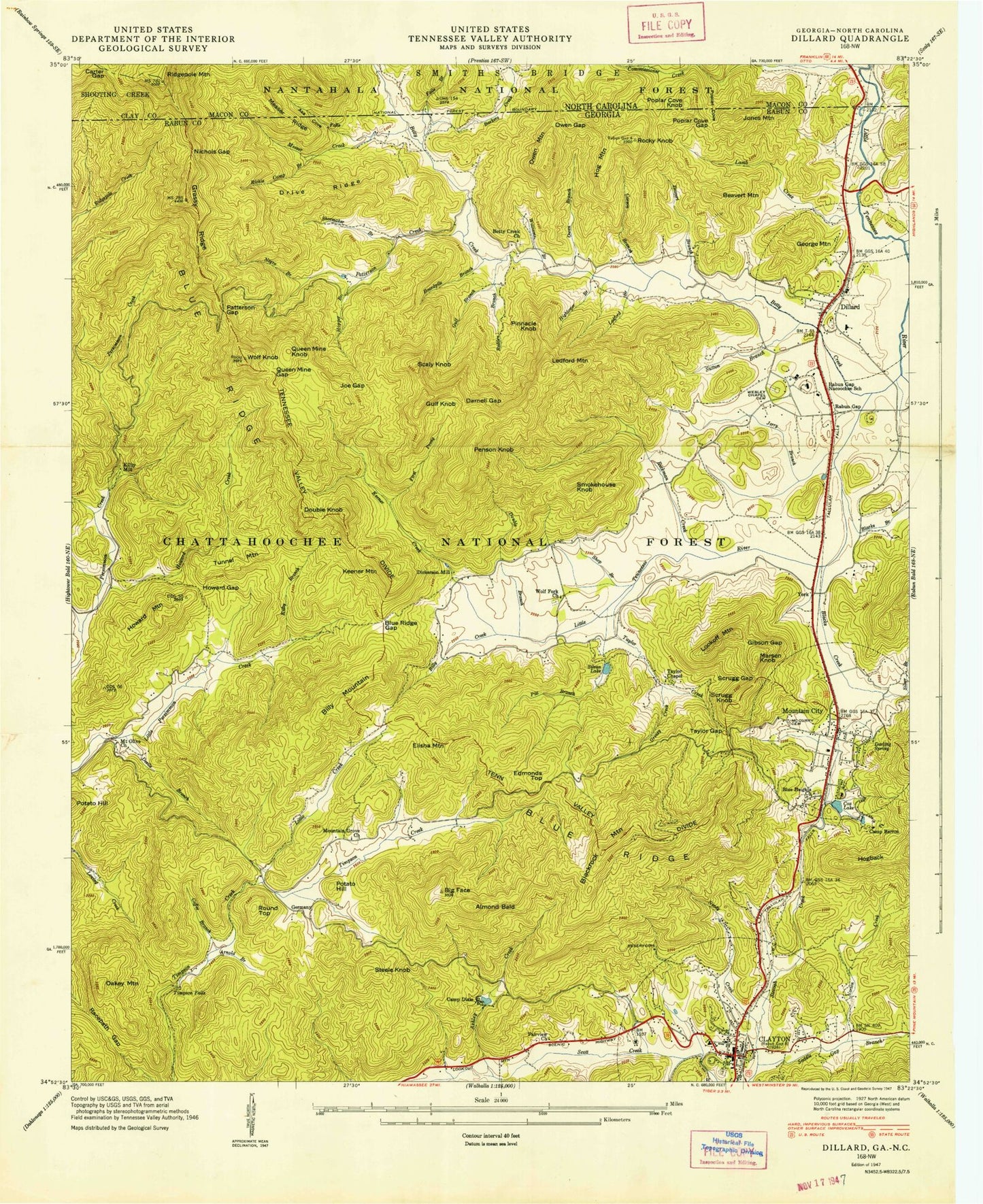 Classic USGS Dillard Georgia 7.5'x7.5' Topo Map Image