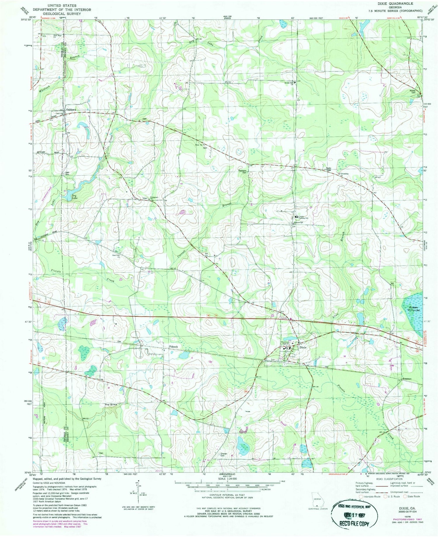 Classic USGS Dixie Georgia 7.5'x7.5' Topo Map Image