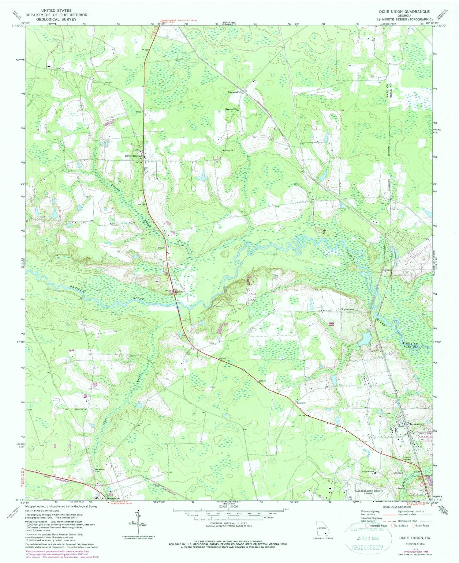 Classic USGS Dixie Union Georgia 7.5'x7.5' Topo Map Image