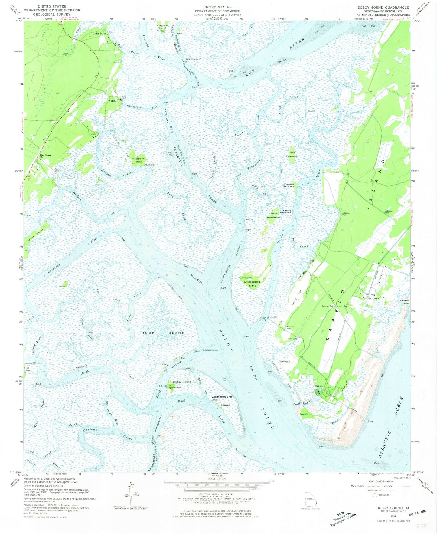 Classic USGS Doboy Sound Georgia 7.5'x7.5' Topo Map Image