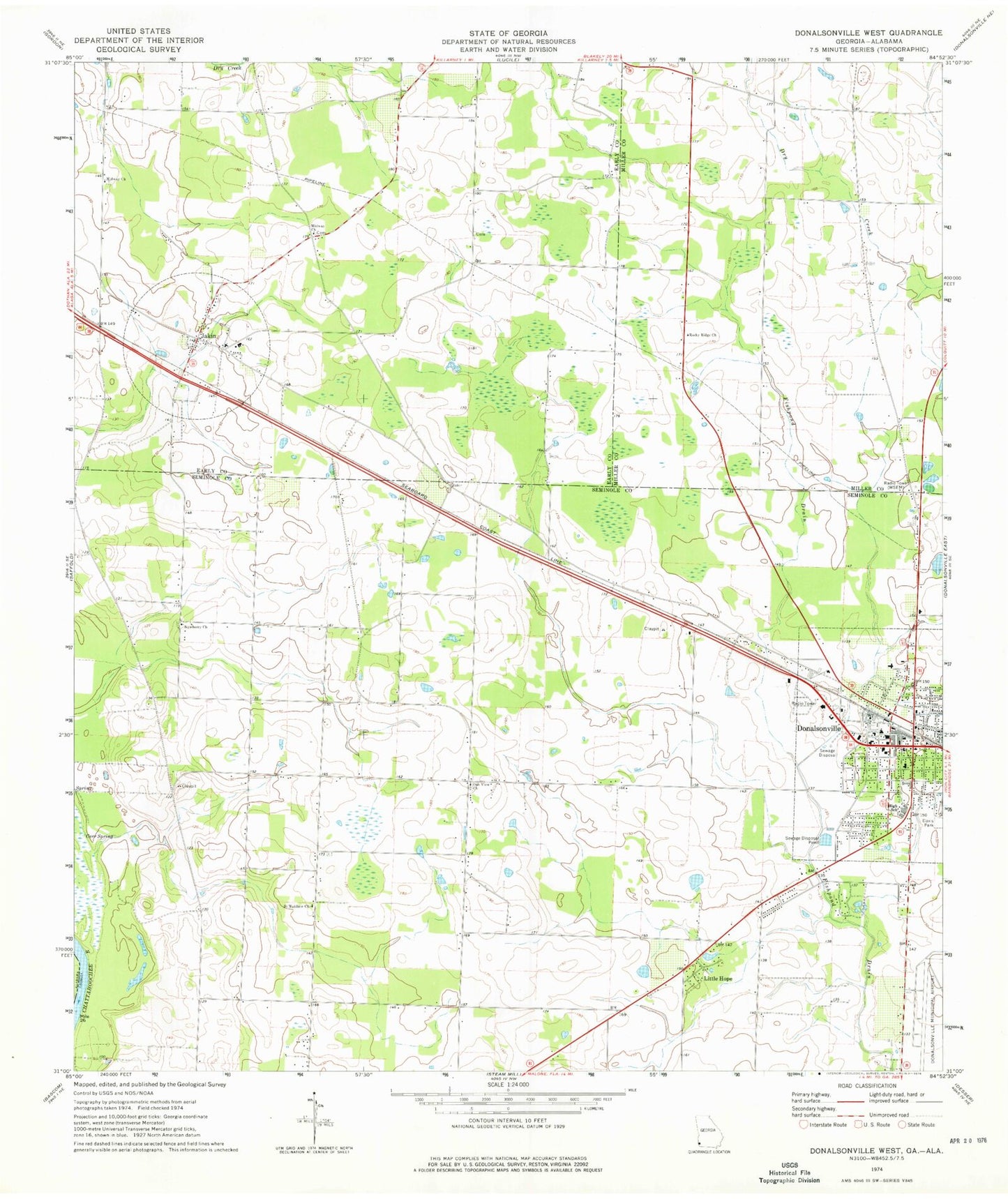 Classic USGS Donalsonville West Georgia 7.5'x7.5' Topo Map Image
