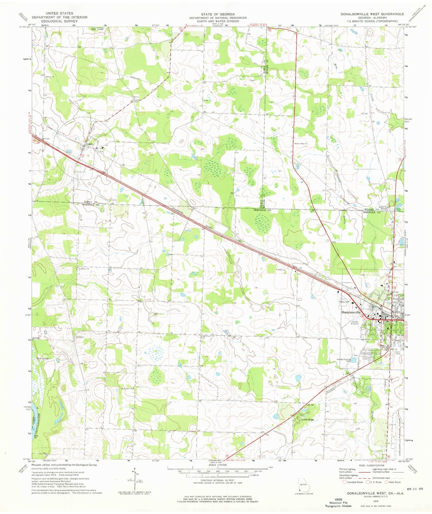 Classic USGS Donalsonville West Georgia 7.5'x7.5' Topo Map Image