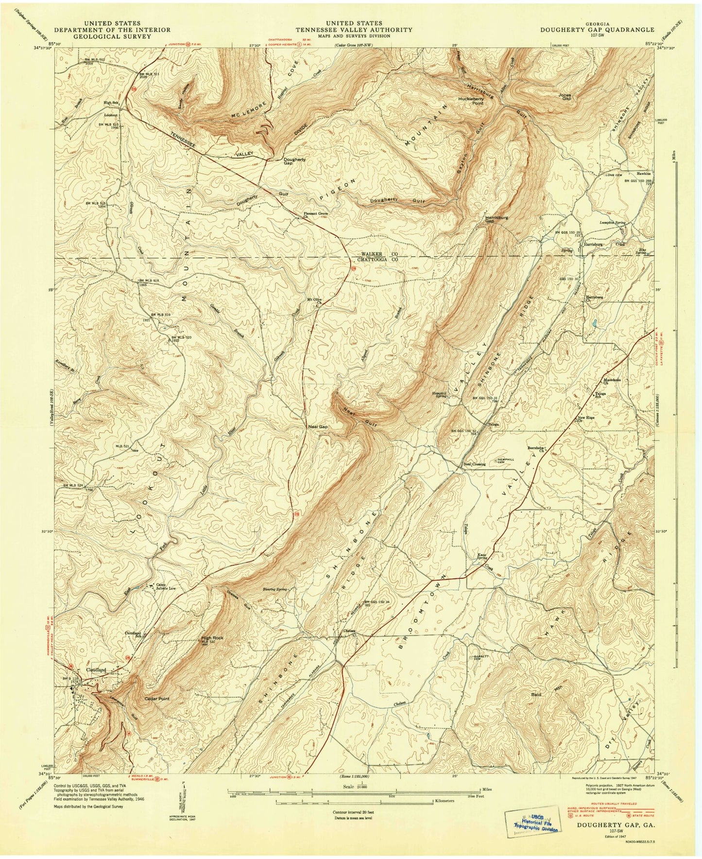 Classic USGS Dougherty Gap Georgia 7.5'x7.5' Topo Map Image