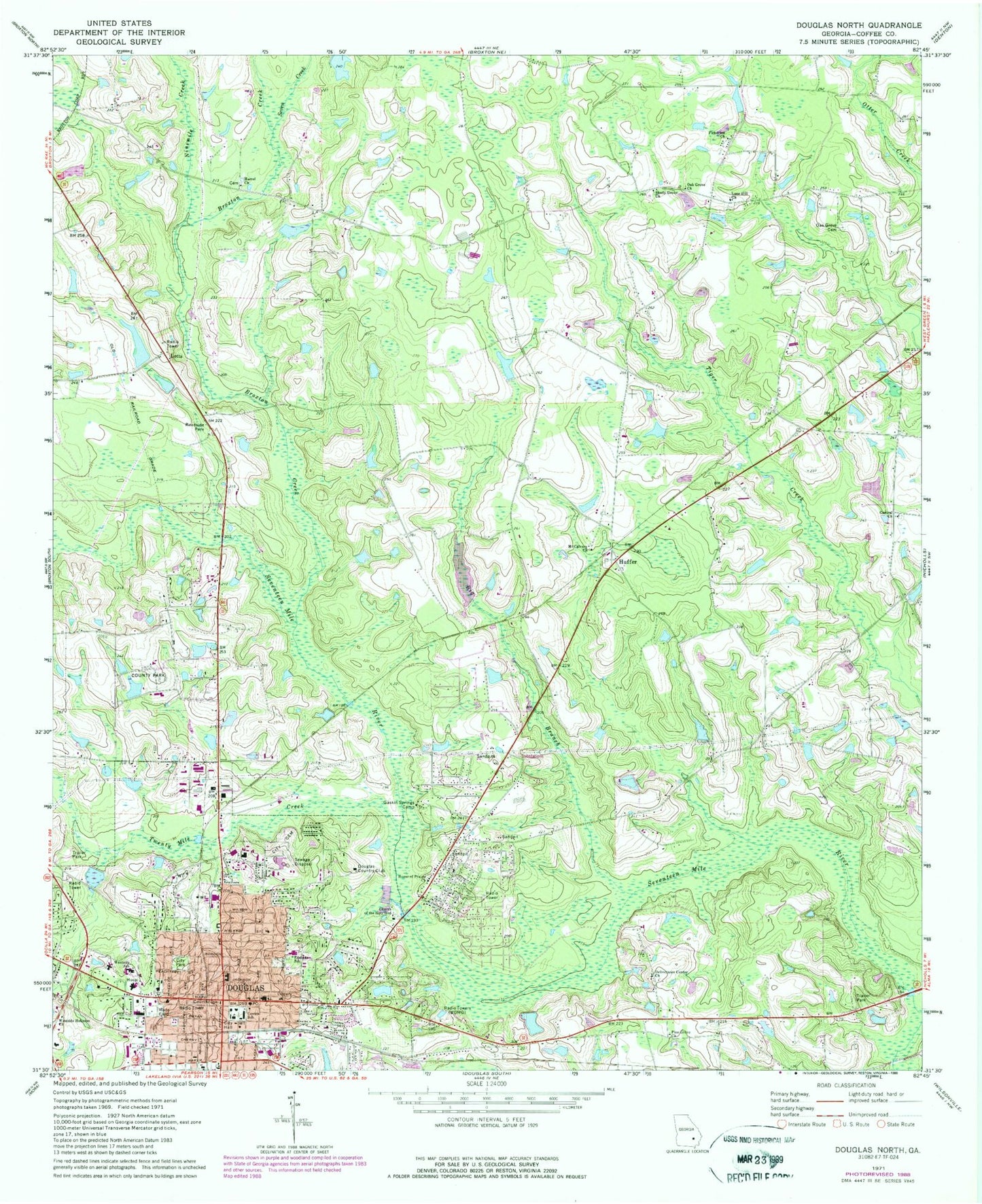 Classic USGS Douglas North Georgia 7.5'x7.5' Topo Map Image