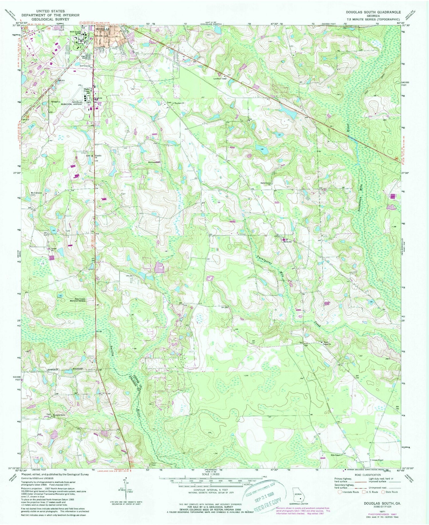 Classic USGS Douglas South Georgia 7.5'x7.5' Topo Map Image