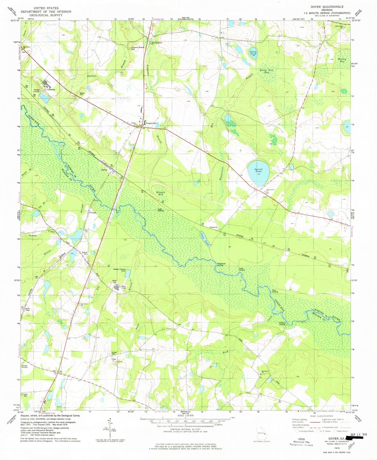 Classic USGS Dover Georgia 7.5'x7.5' Topo Map Image