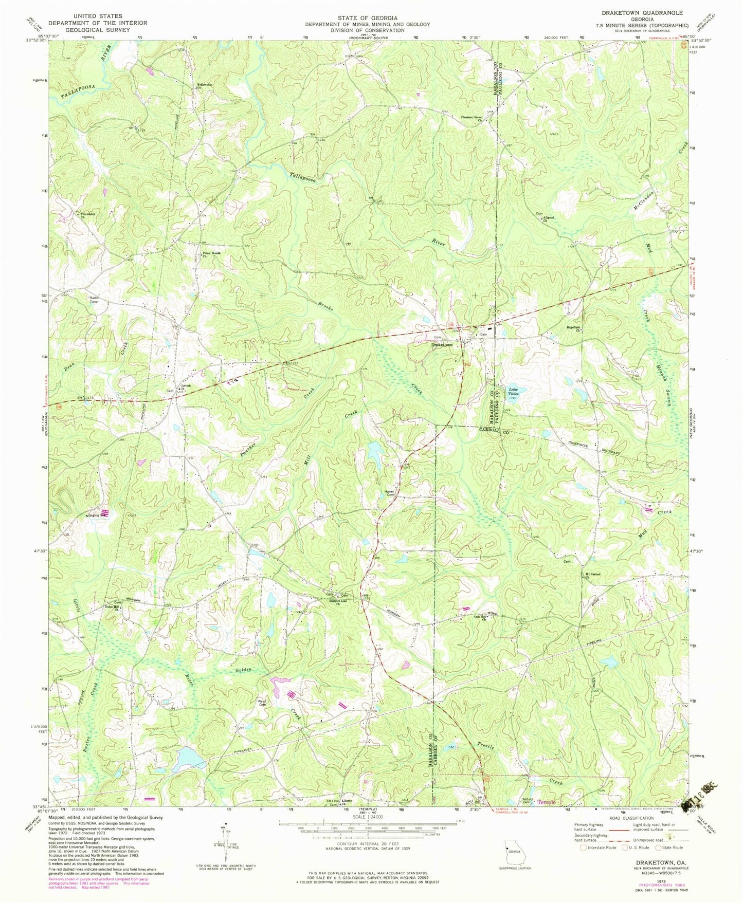 Classic USGS Draketown Georgia 7.5'x7.5' Topo Map Image
