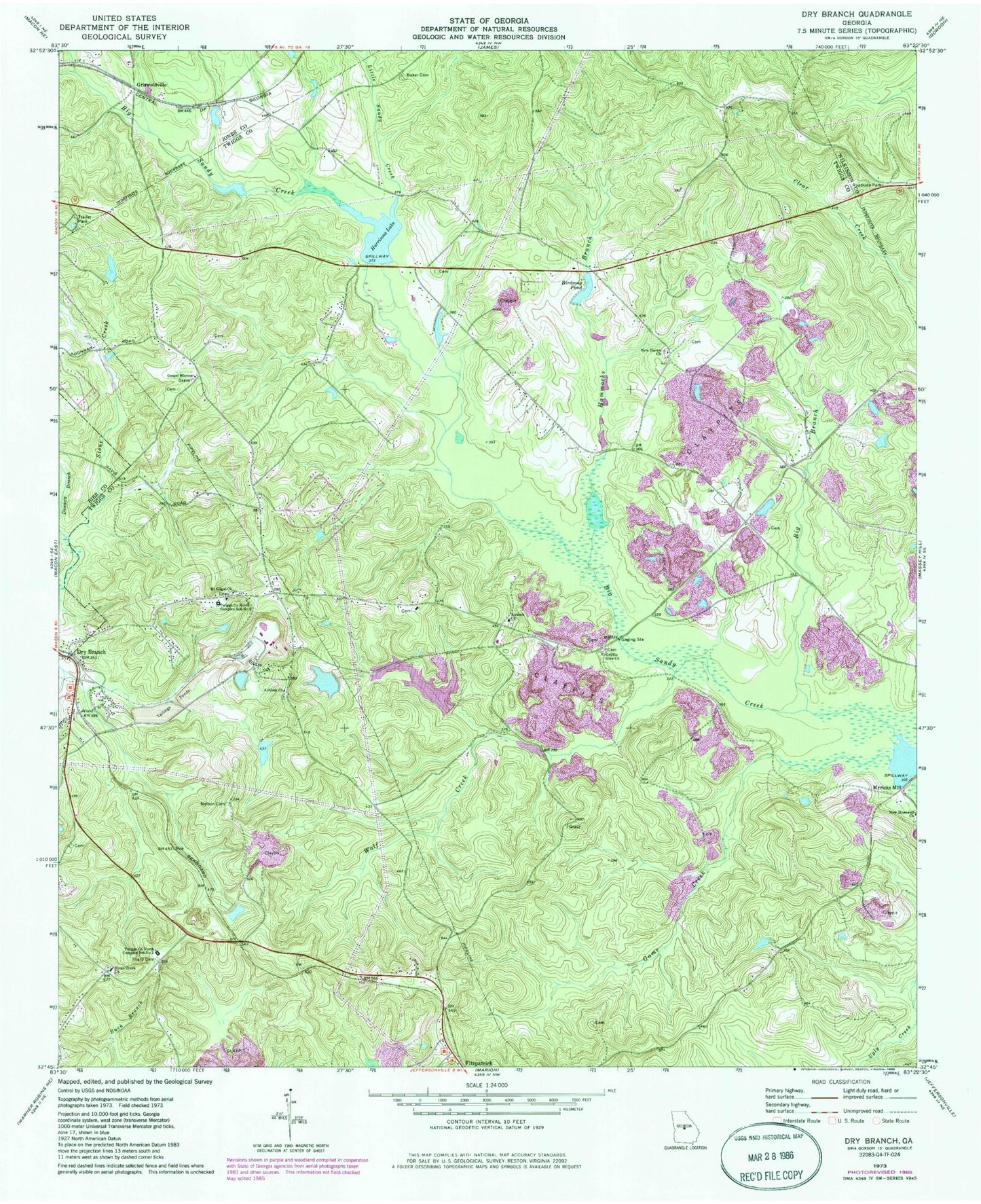 Classic USGS Dry Branch Georgia 7.5'x7.5' Topo Map Image