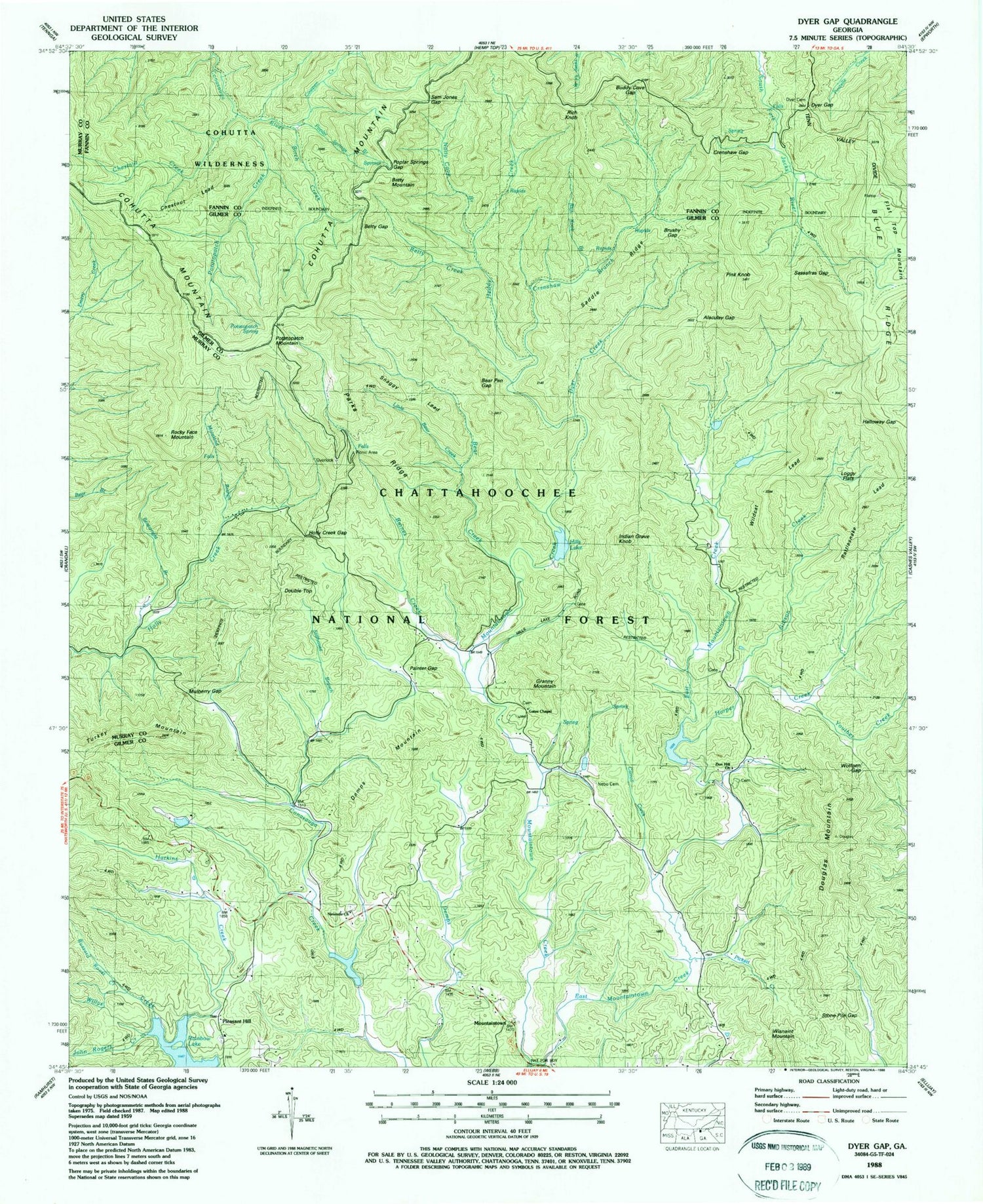 Classic USGS Dyer Gap Georgia 7.5'x7.5' Topo Map Image