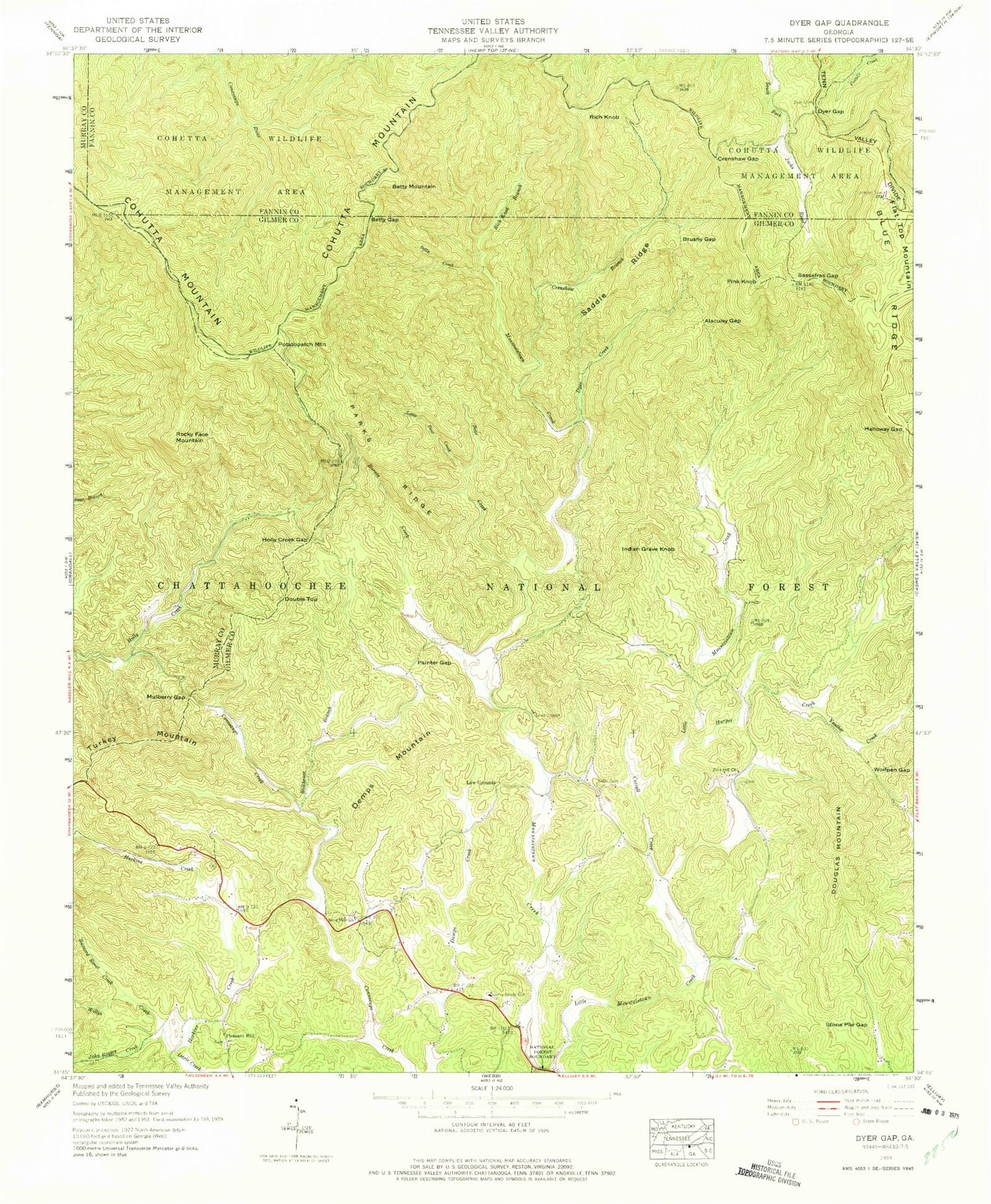 Classic USGS Dyer Gap Georgia 7.5'x7.5' Topo Map Image