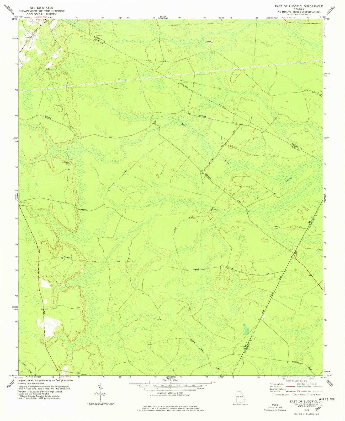 Classic USGS East of Ludowici Georgia 7.5'x7.5' Topo Map Image