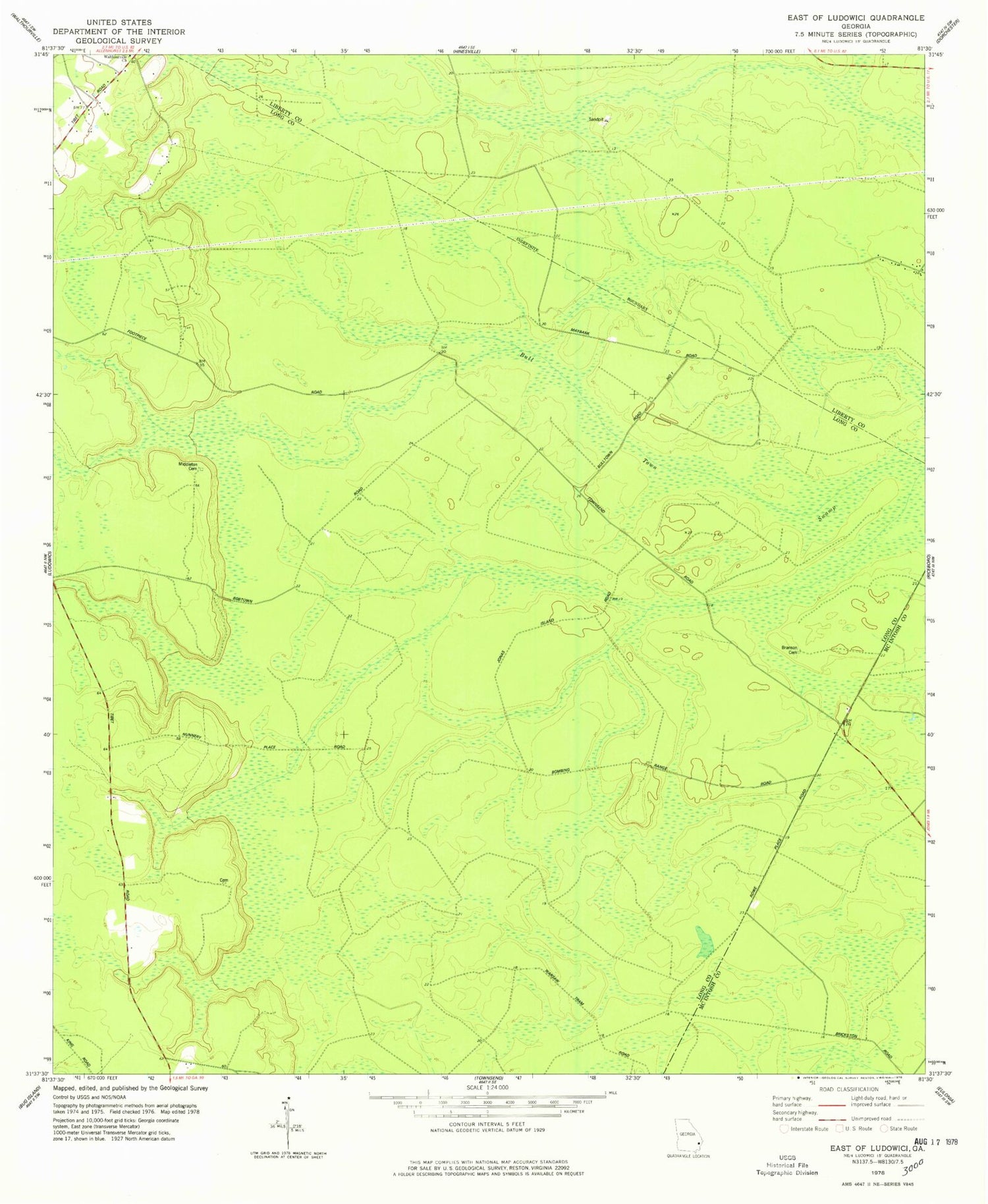 Classic USGS East of Ludowici Georgia 7.5'x7.5' Topo Map Image