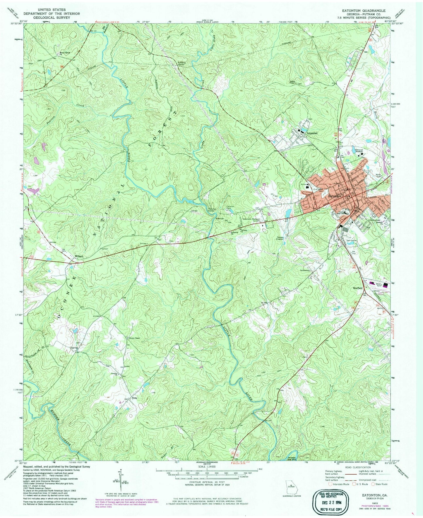 Classic USGS Eatonton Georgia 7.5'x7.5' Topo Map Image