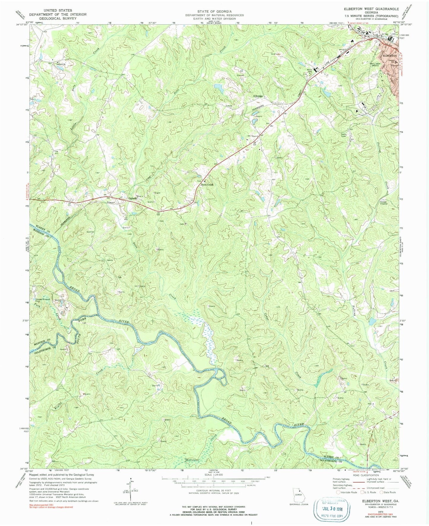 Classic USGS Elberton West Georgia 7.5'x7.5' Topo Map Image