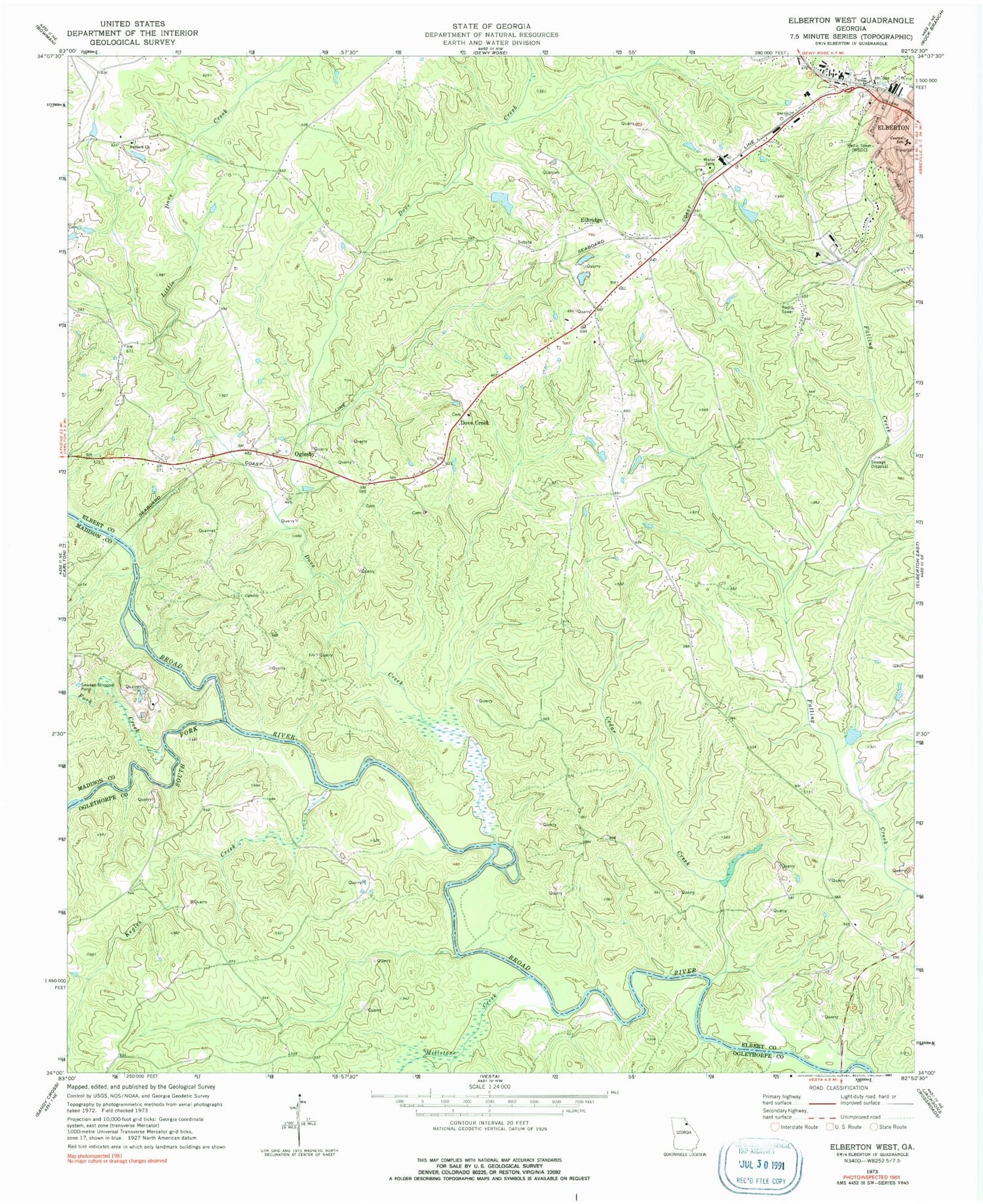 Classic USGS Elberton West Georgia 7.5'x7.5' Topo Map Image