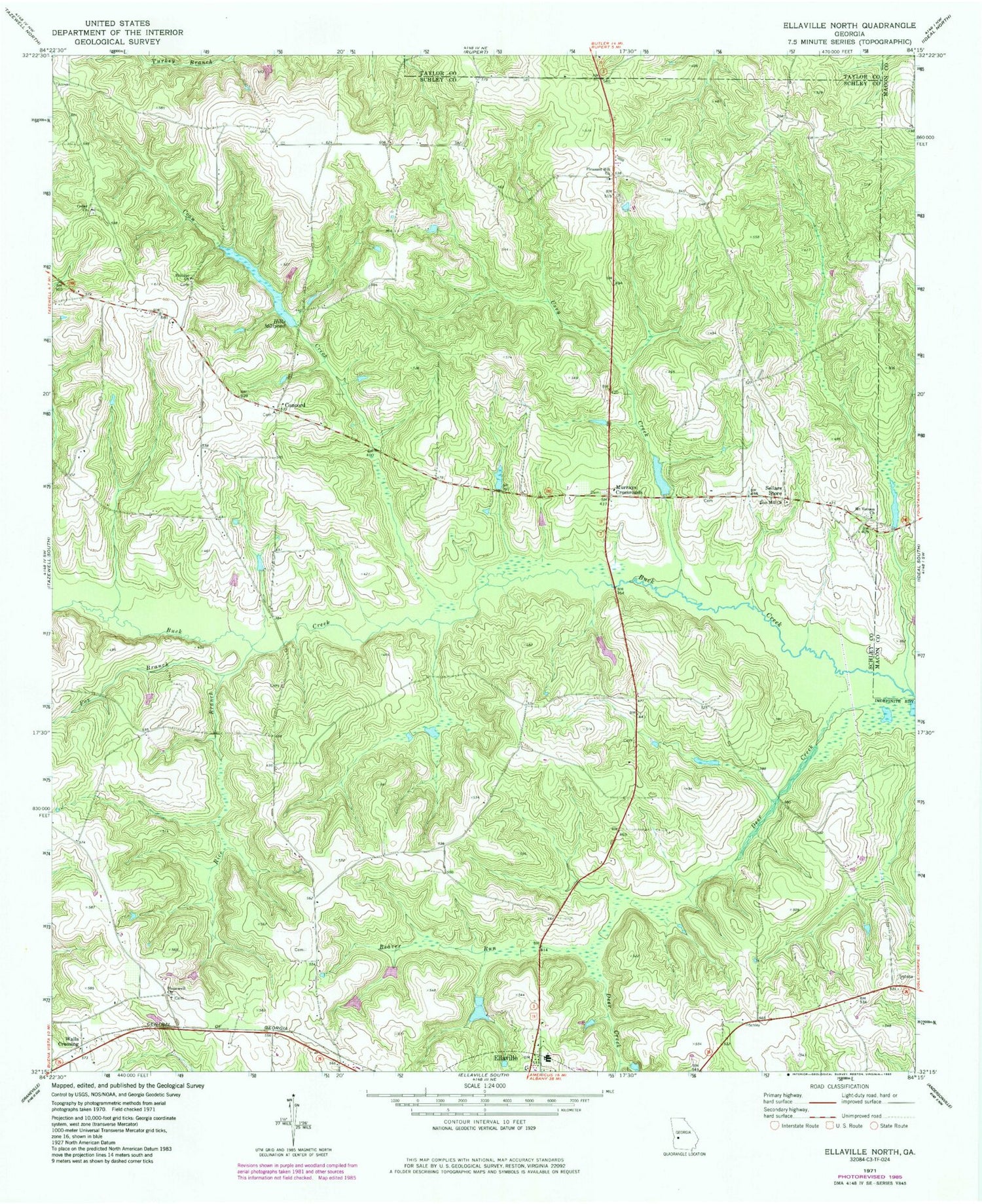 Classic USGS Ellaville North Georgia 7.5'x7.5' Topo Map Image