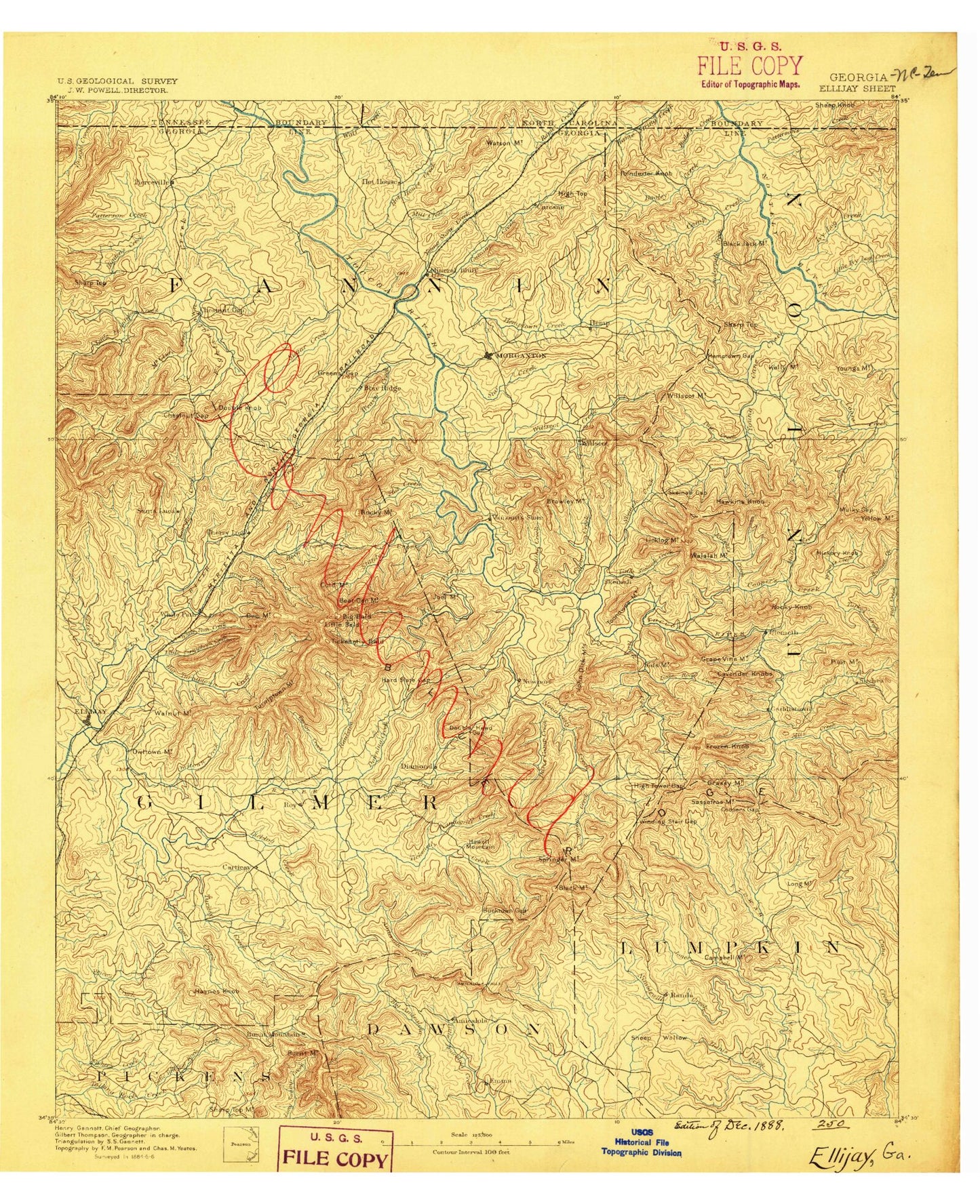 Historic 1888 Ellijay Georgia 30'x30' Topo Map Image