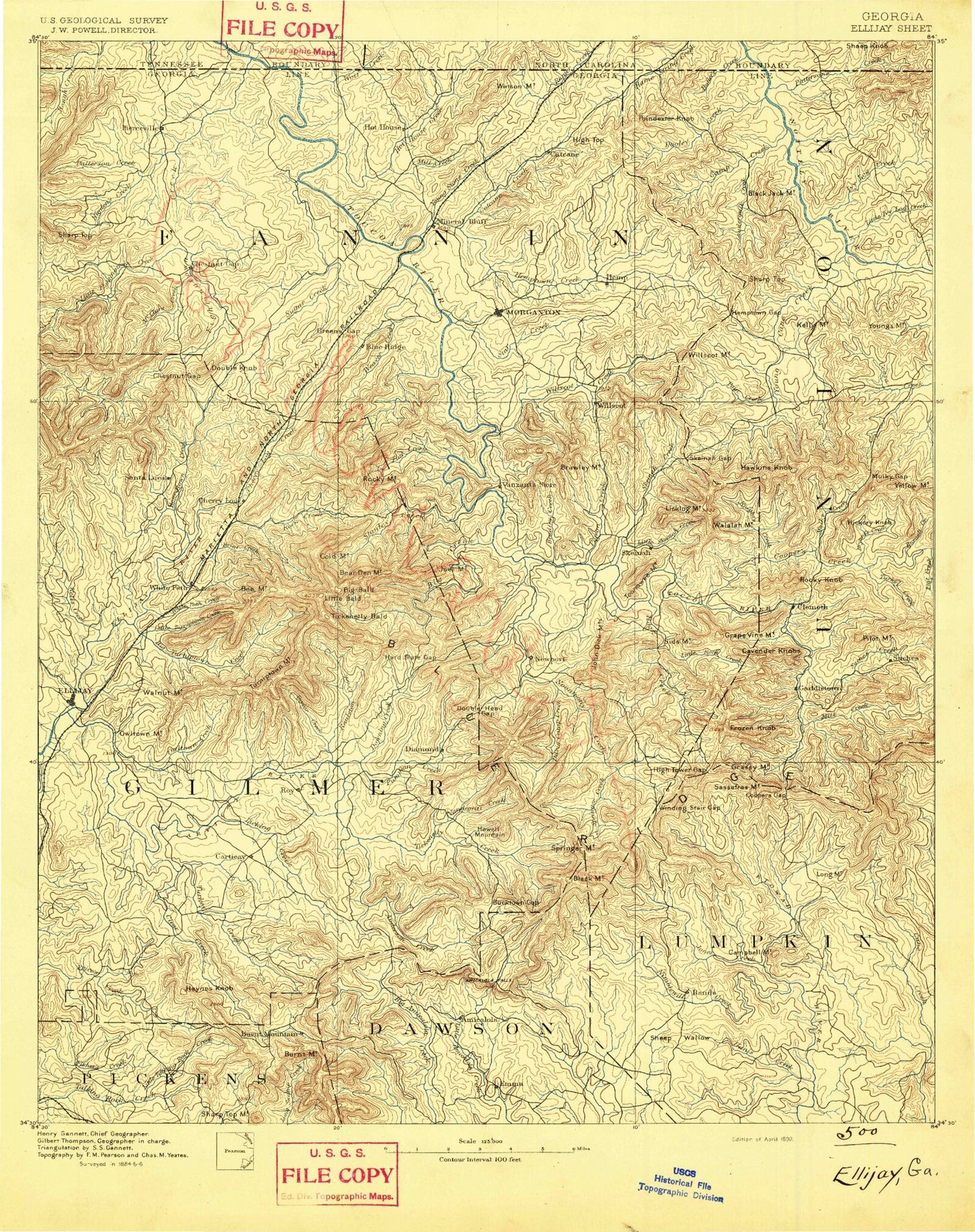 Historic 1892 Ellijay Georgia 30'x30' Topo Map Image