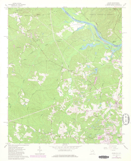 Classic USGS Evans Georgia 7.5'x7.5' Topo Map Image