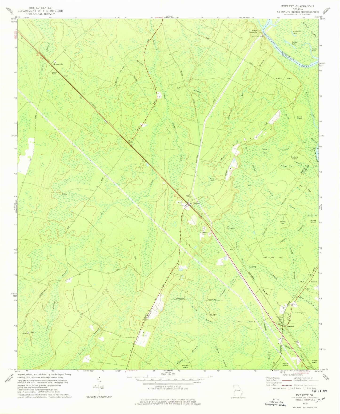 Classic USGS Everett Georgia 7.5'x7.5' Topo Map Image