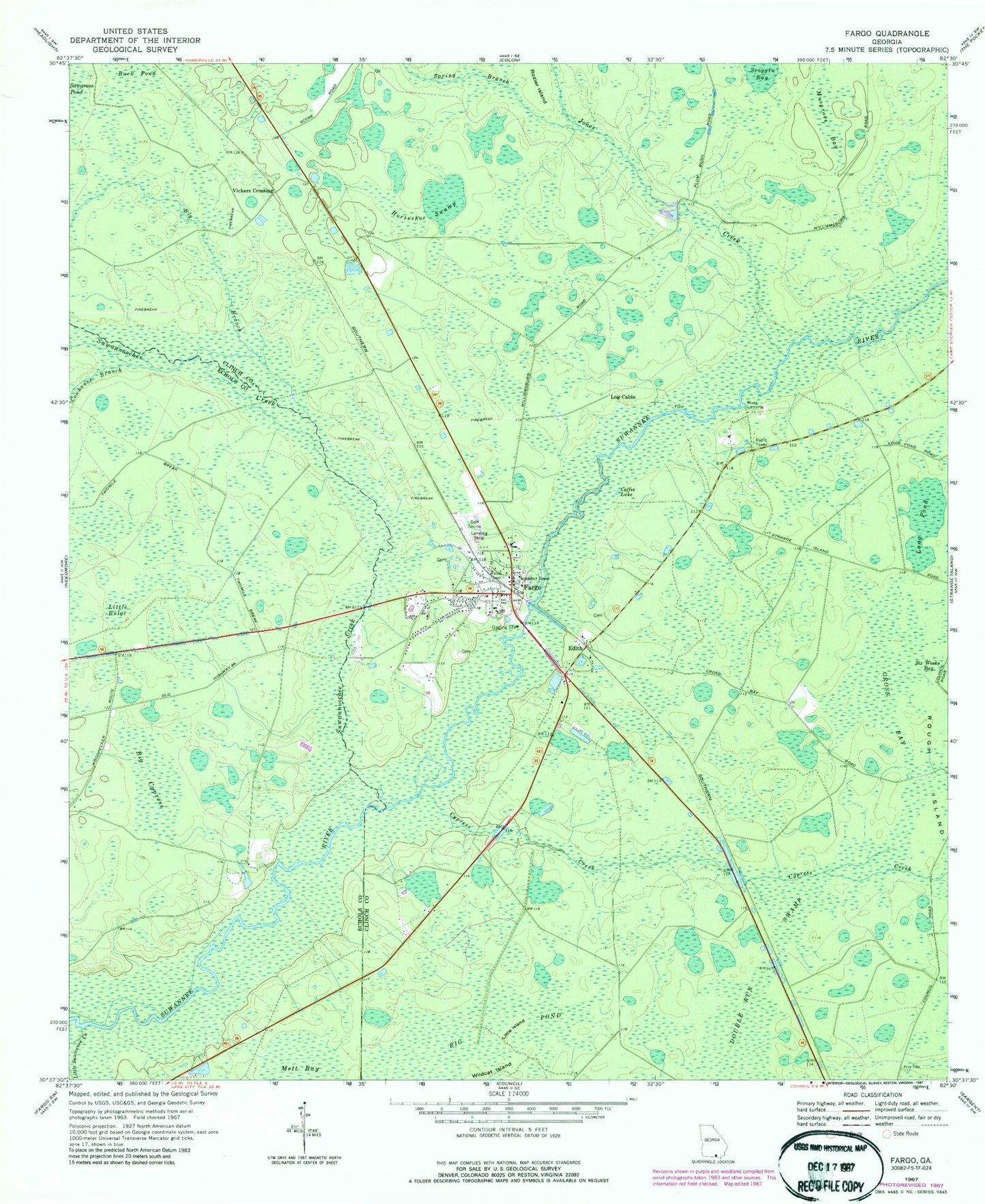 Classic USGS Fargo Georgia 7.5'x7.5' Topo Map Image
