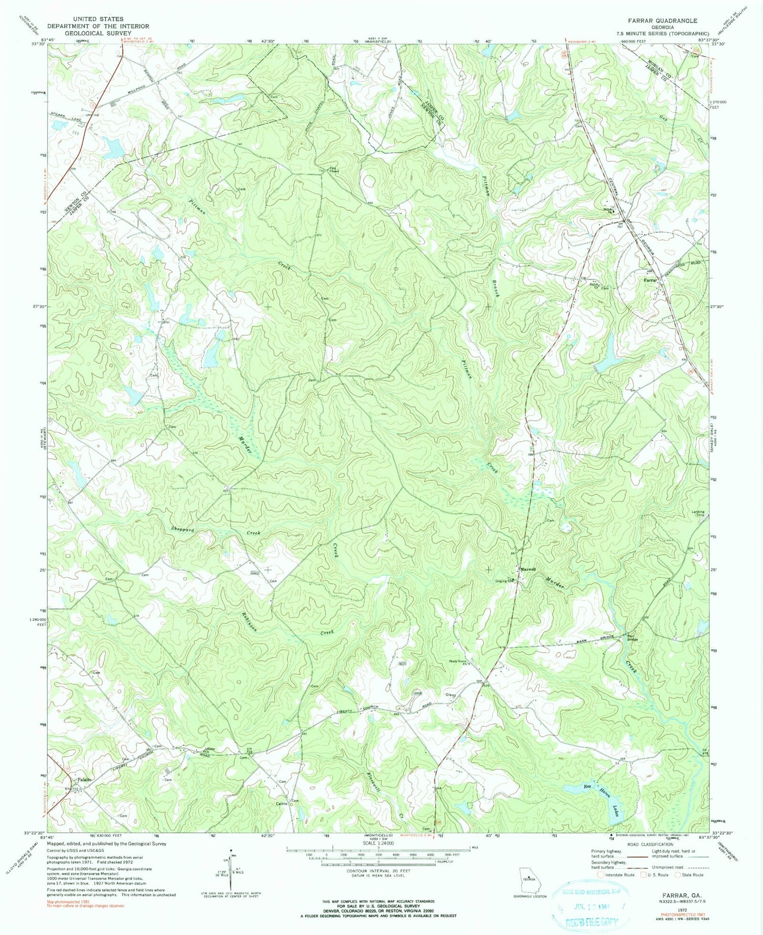 Classic USGS Farrar Georgia 7.5'x7.5' Topo Map Image