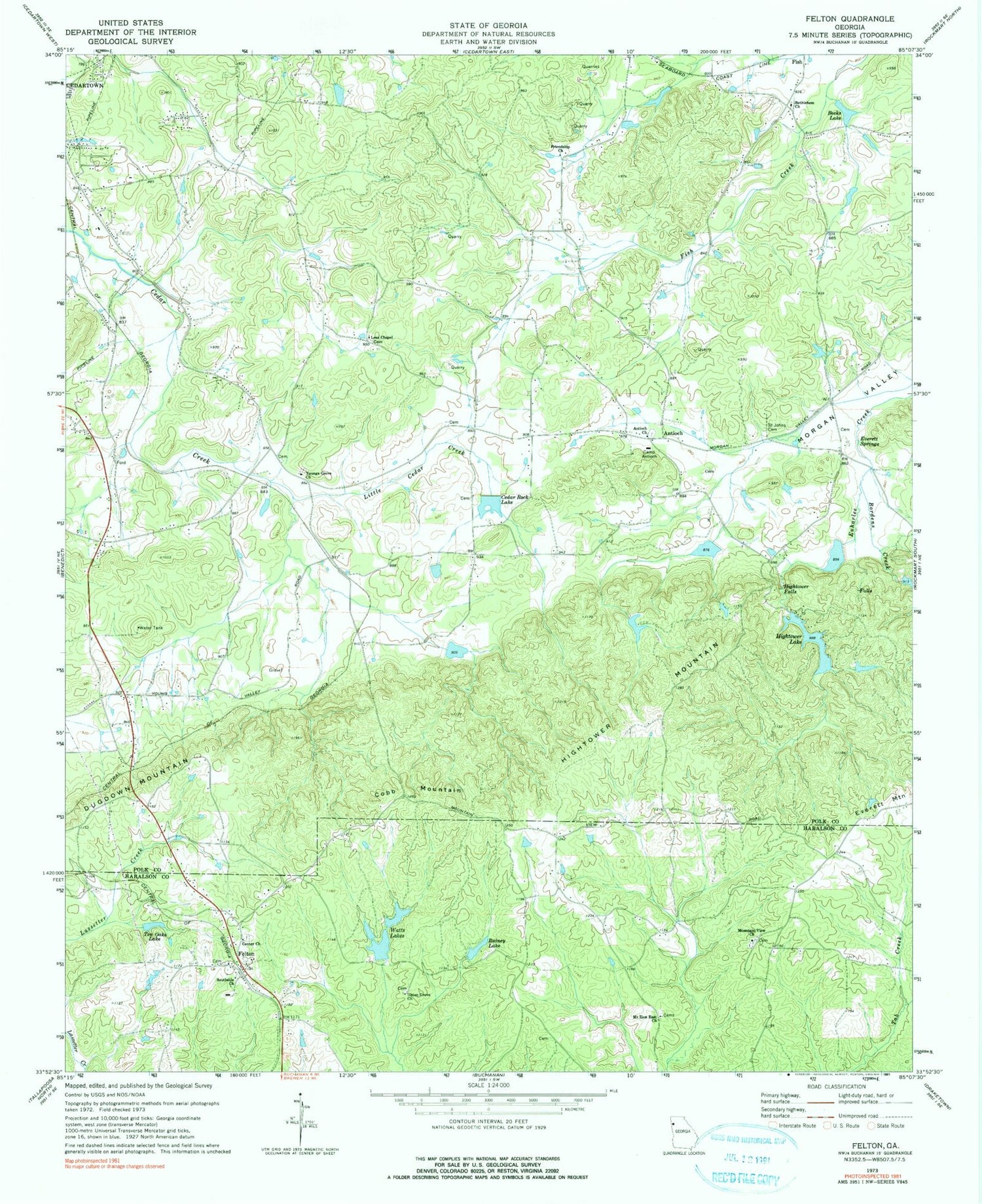 Classic USGS Felton Georgia 7.5'x7.5' Topo Map Image