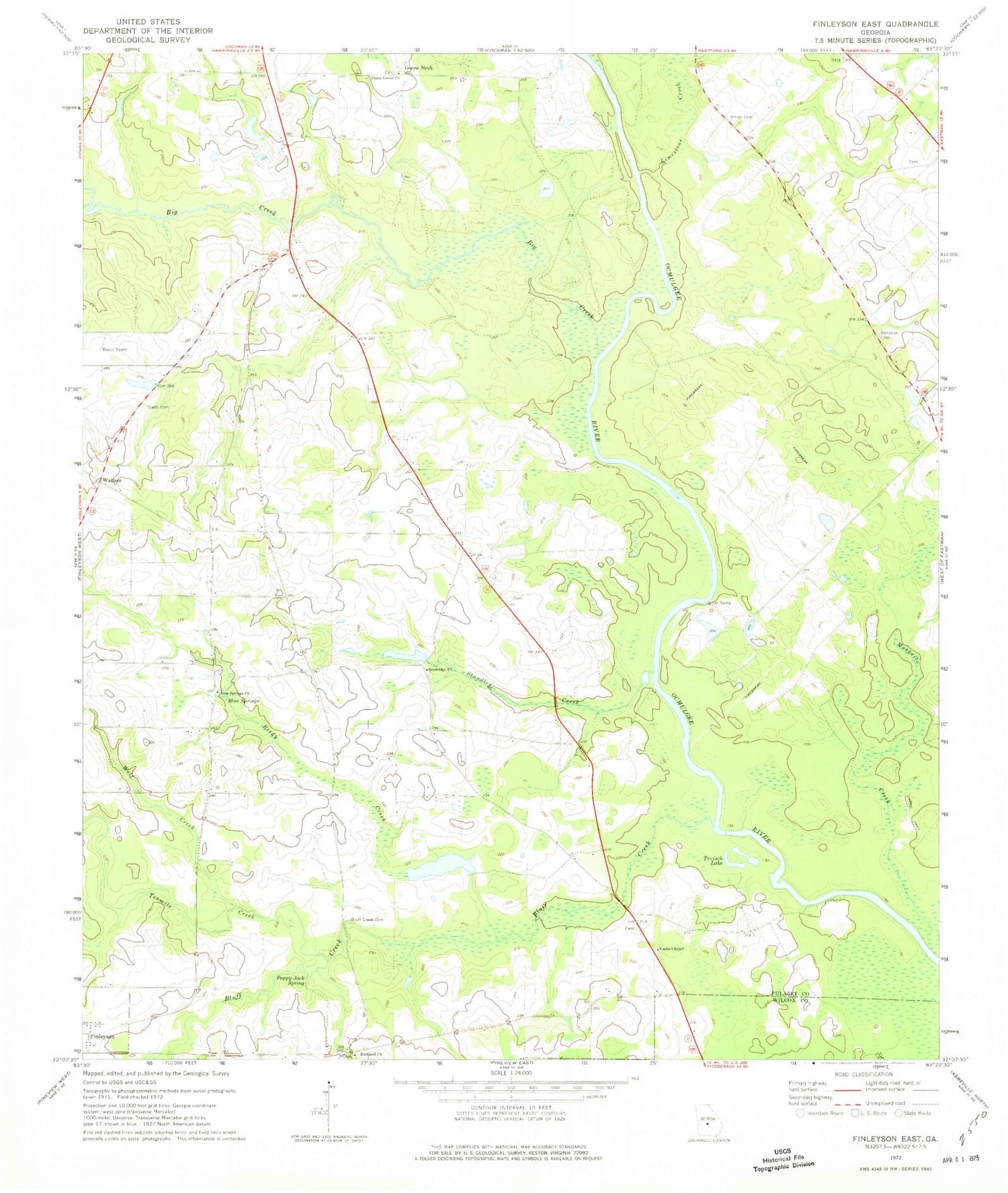 Classic USGS Finleyson East Georgia 7.5'x7.5' Topo Map Image