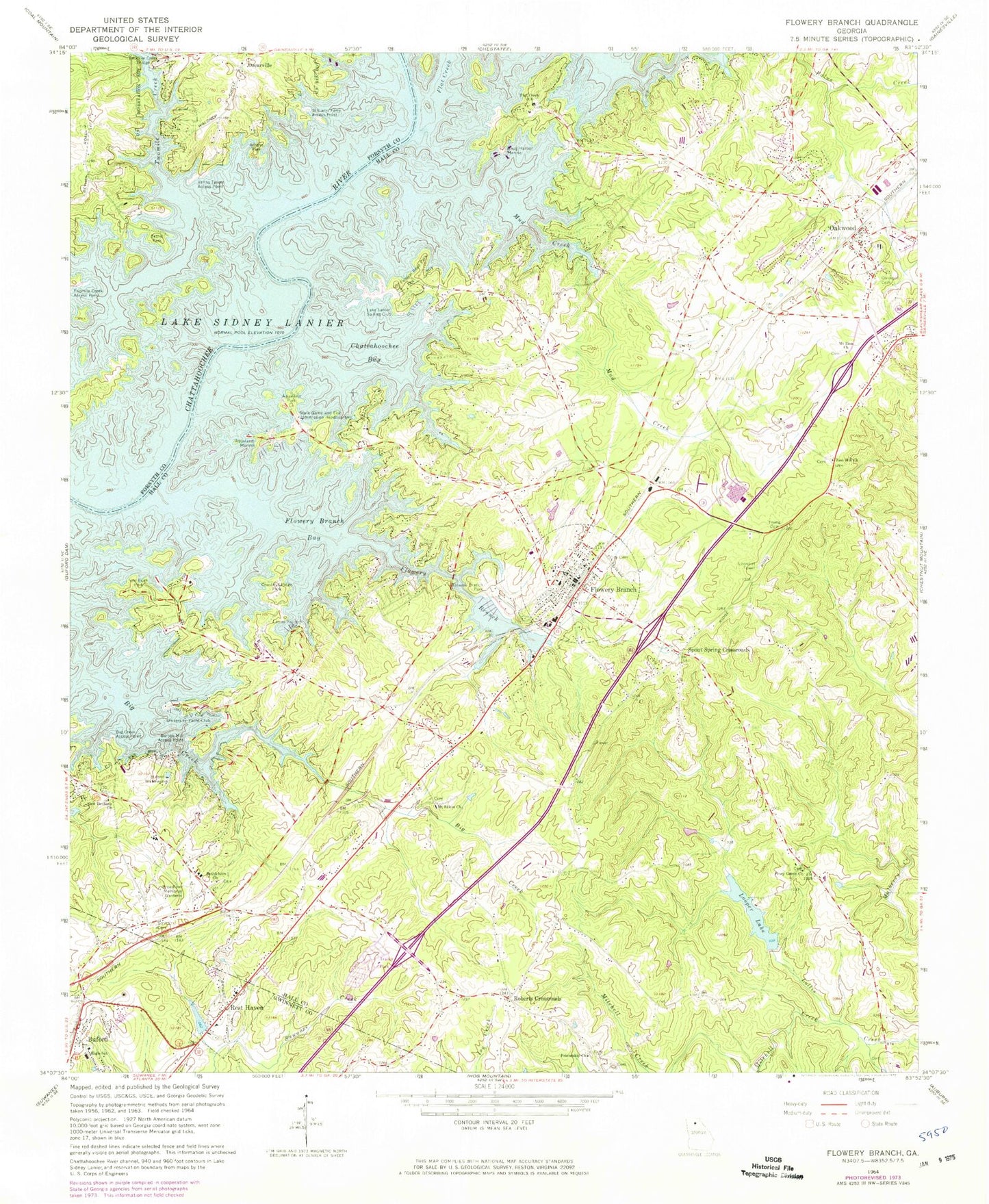 Classic USGS Flowery Branch Georgia 7.5'x7.5' Topo Map Image