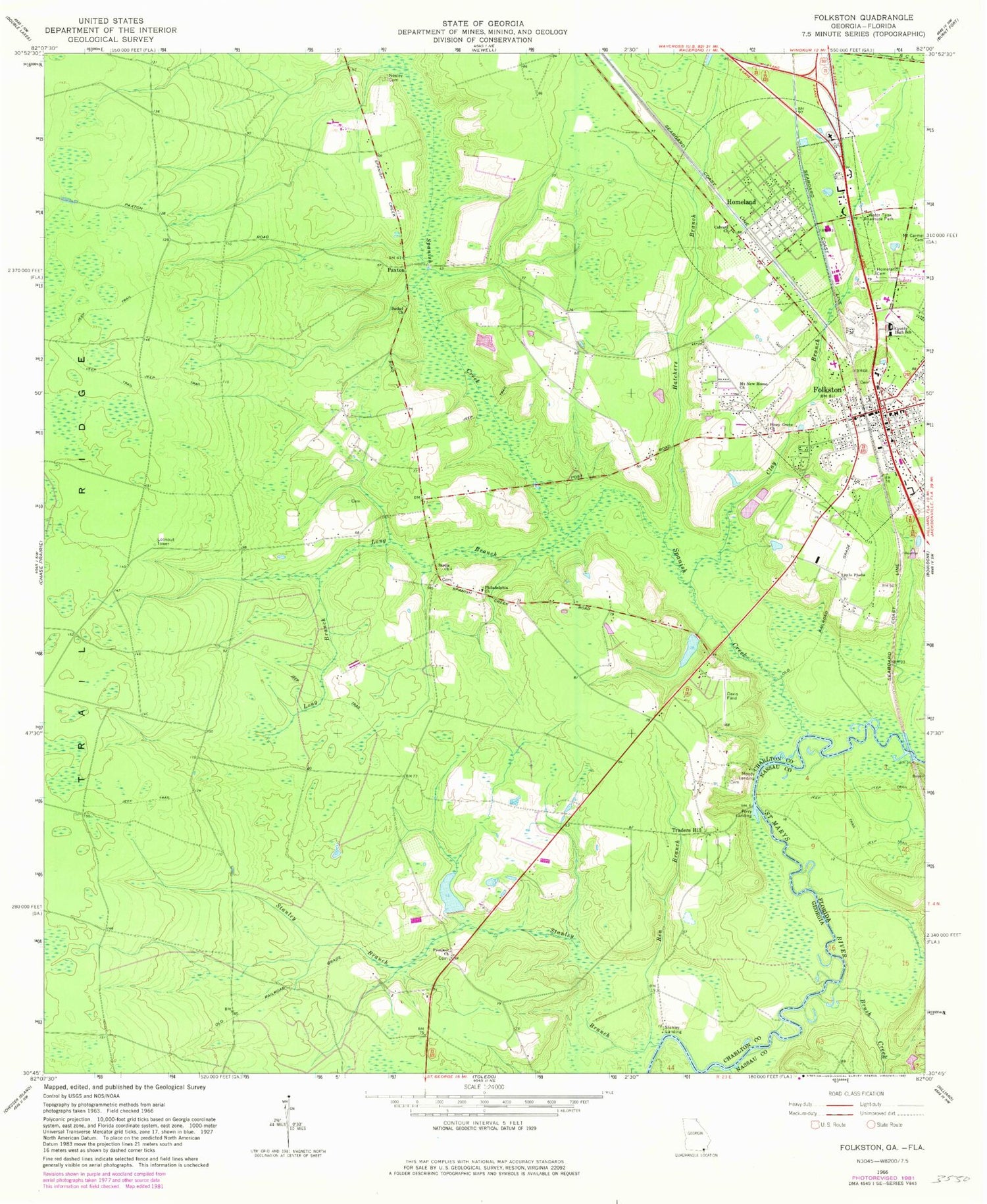 Classic USGS Folkston Georgia 7.5'x7.5' Topo Map Image