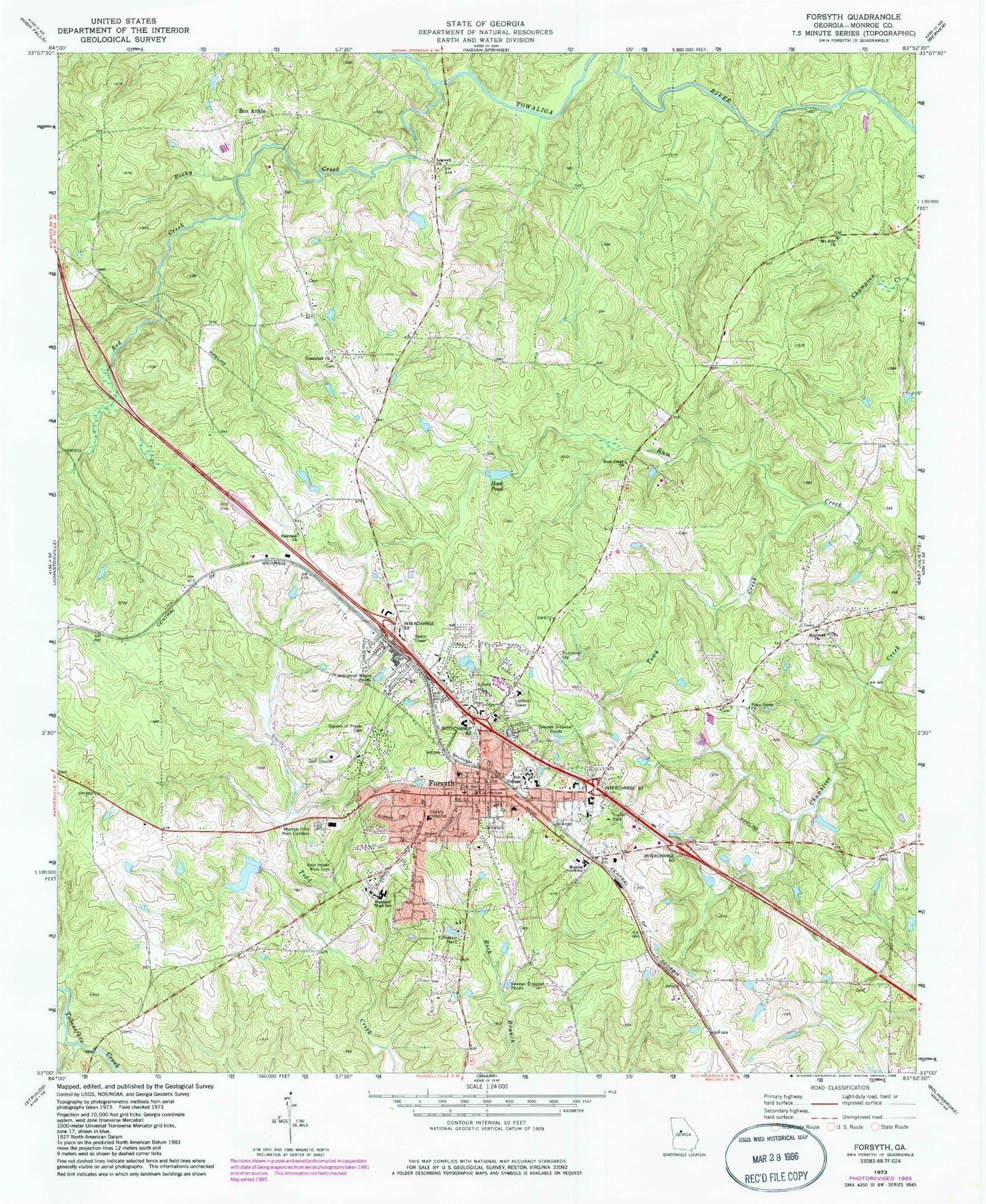 Classic USGS Forsyth Georgia 7.5'x7.5' Topo Map Image