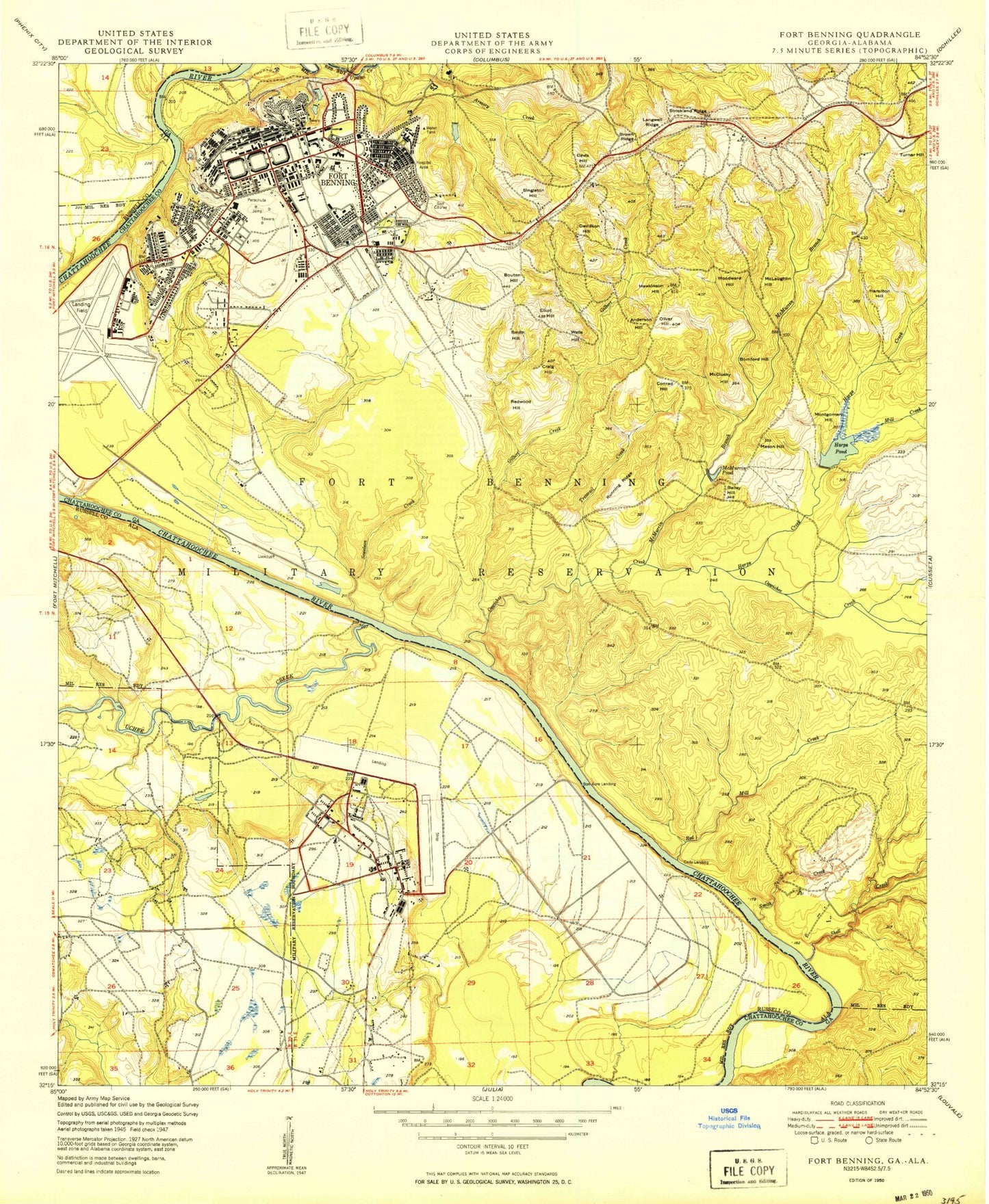 Classic USGS Fort Benning Georgia 7.5'x7.5' Topo Map Image