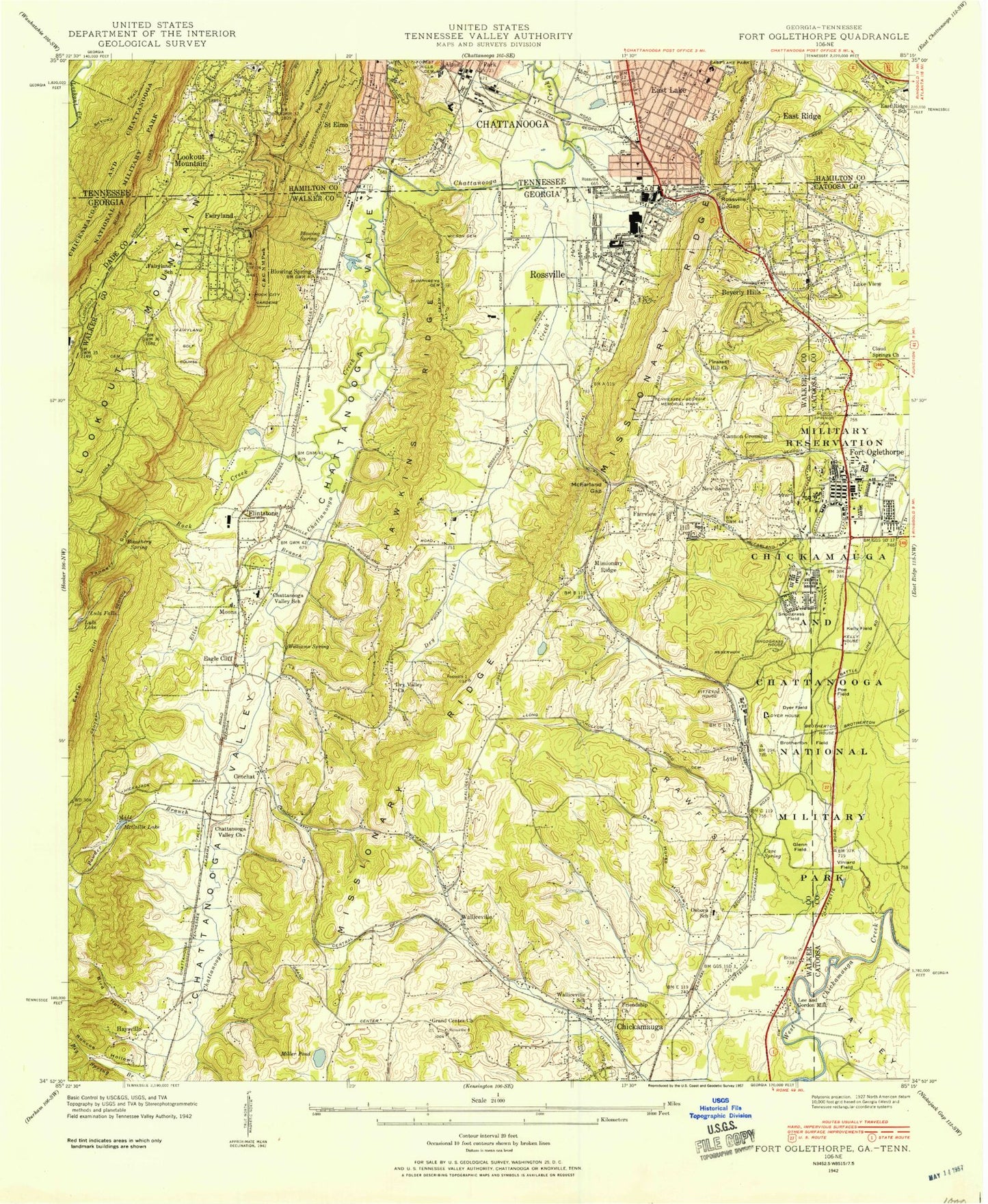 Classic USGS Fort Oglethorpe Georgia 7.5'x7.5' Topo Map Image