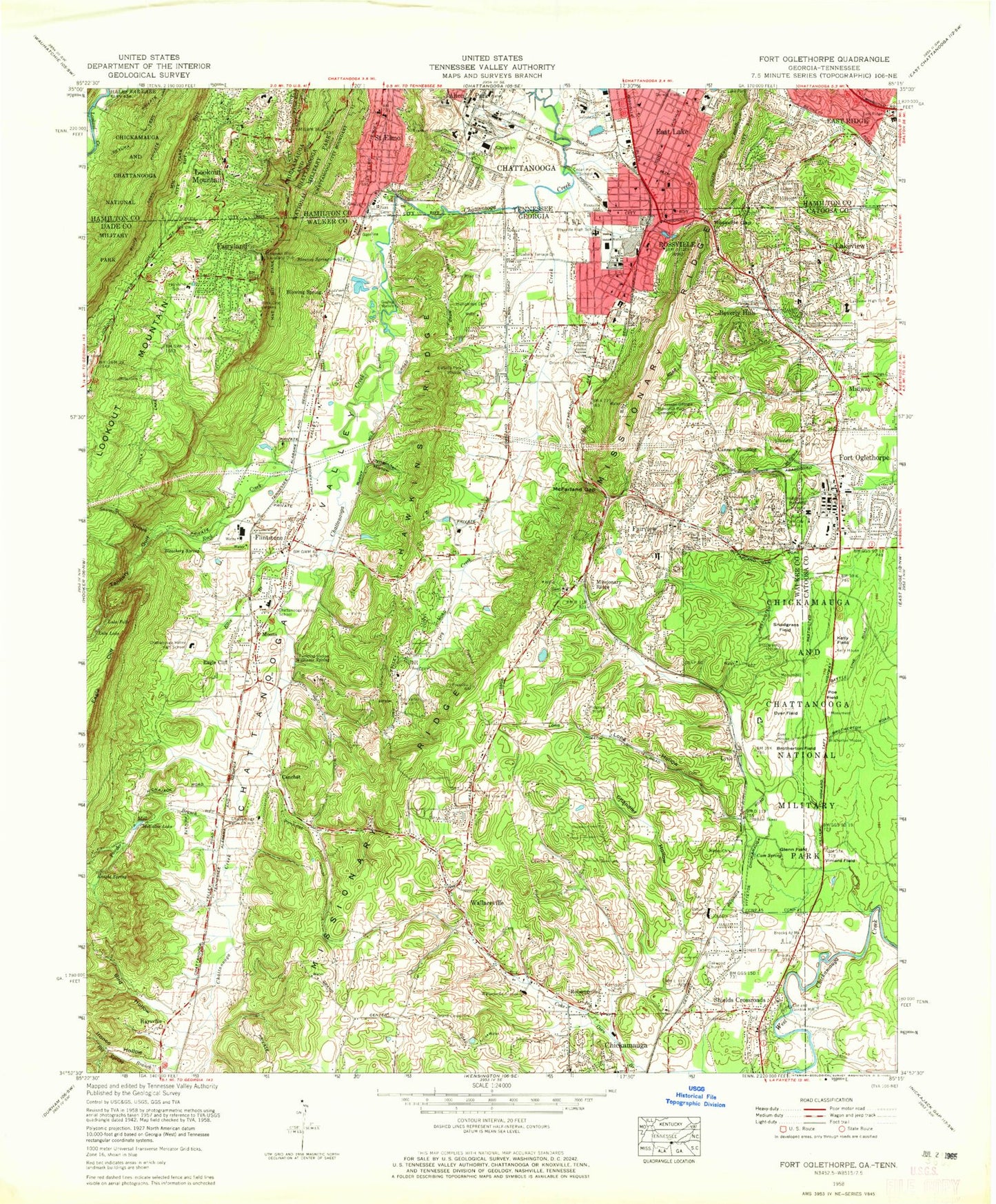 Classic USGS Fort Oglethorpe Georgia 7.5'x7.5' Topo Map Image