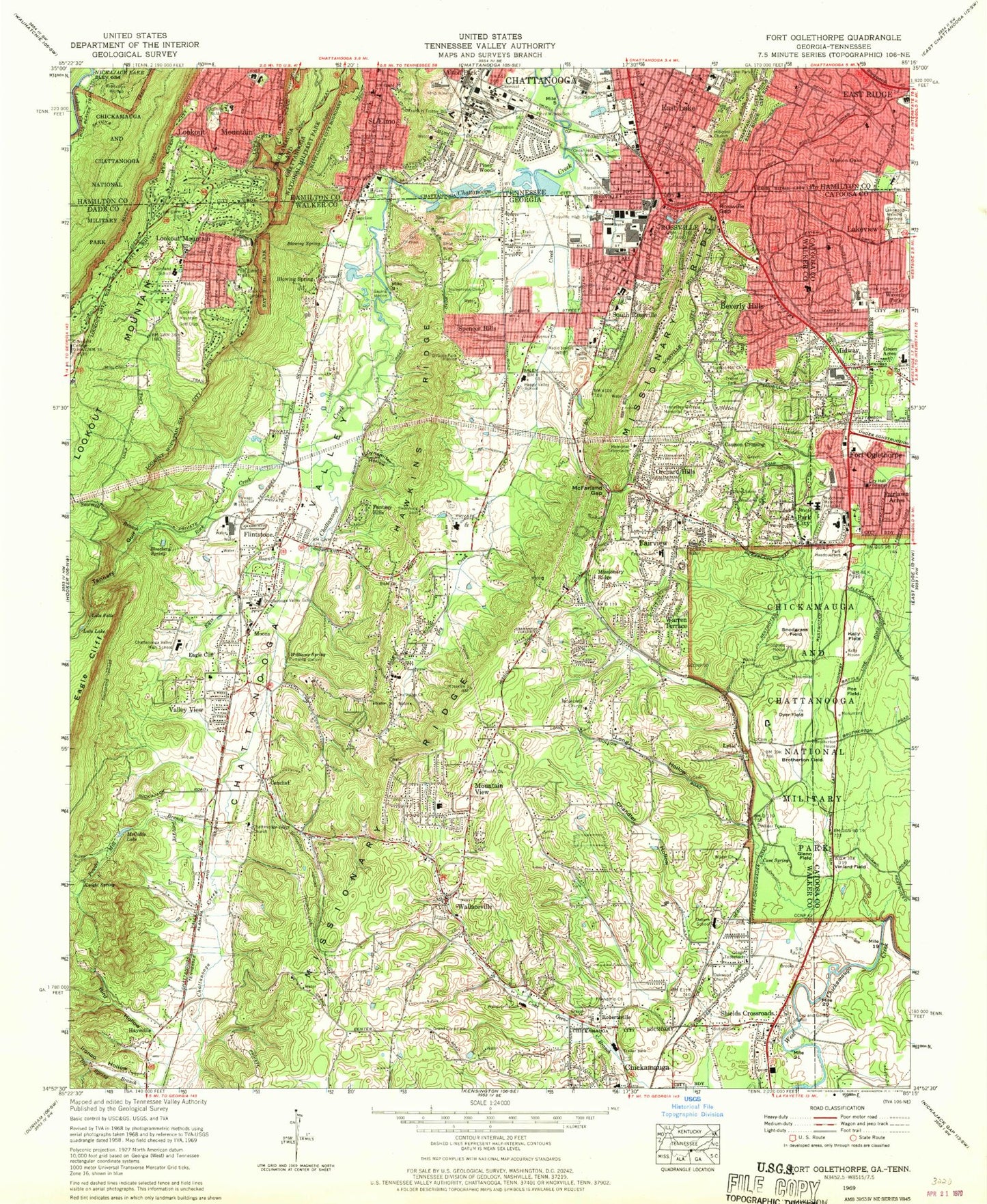 Classic USGS Fort Oglethorpe Georgia 7.5'x7.5' Topo Map Image