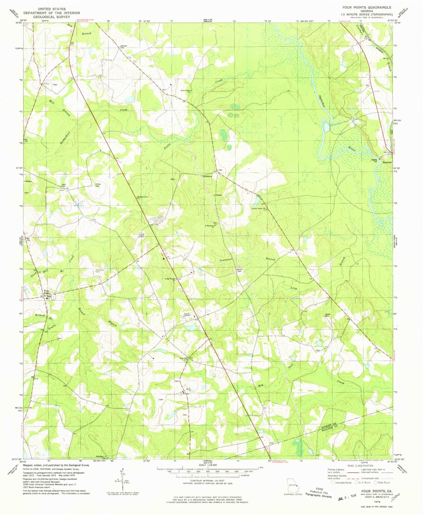 Classic USGS Four Points Georgia 7.5'x7.5' Topo Map Image