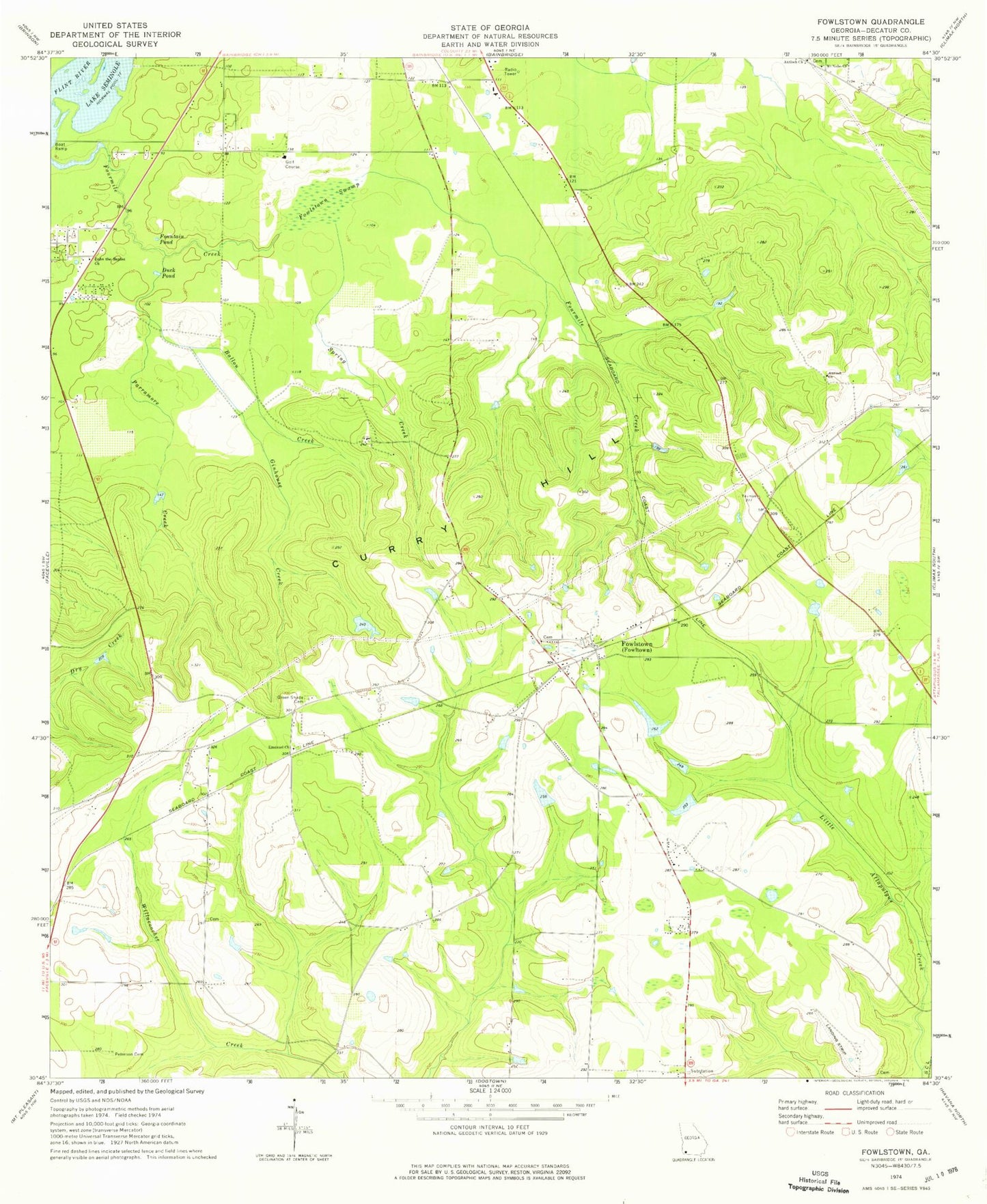 Classic USGS Fowlstown Georgia 7.5'x7.5' Topo Map Image