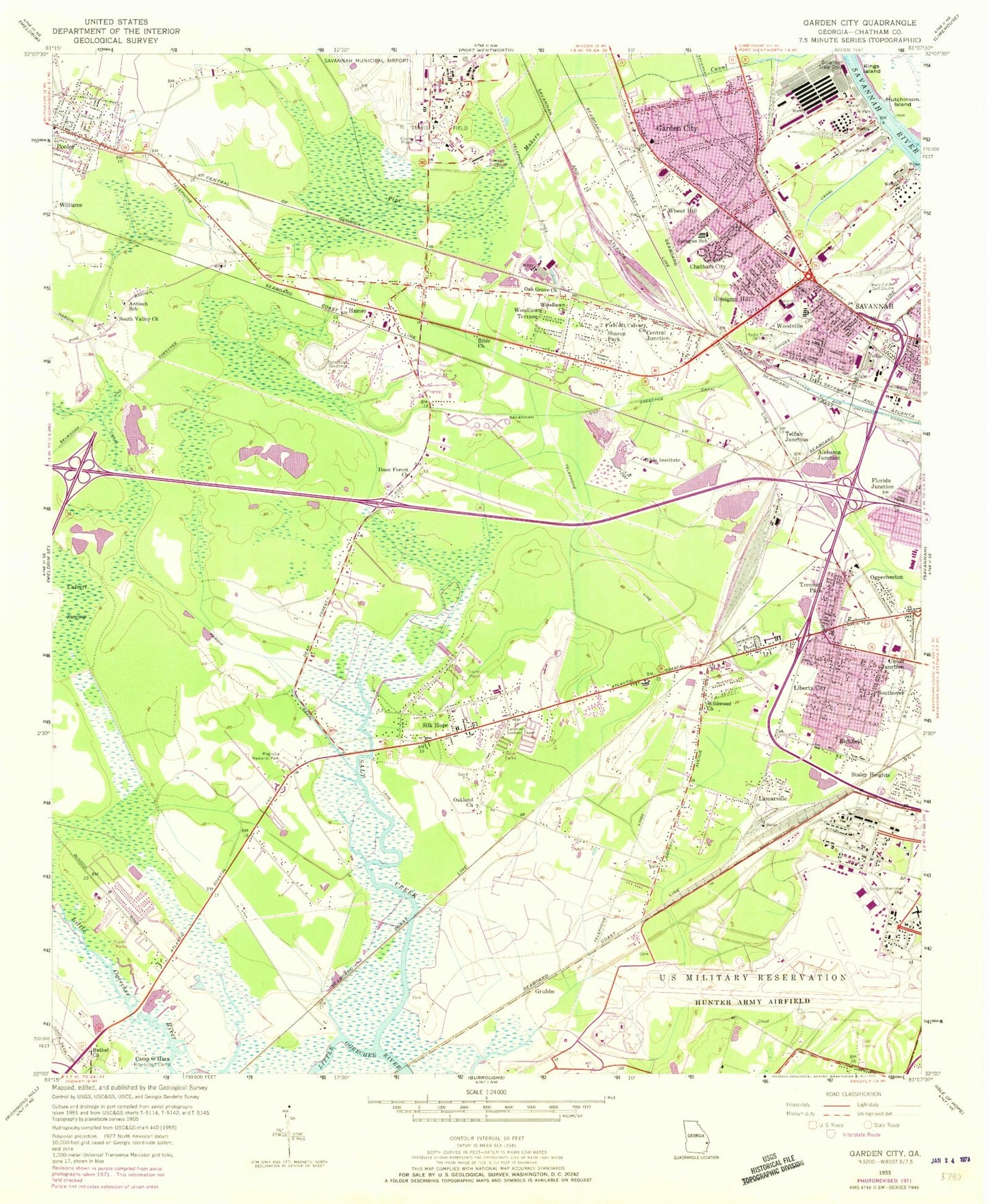 Classic USGS Garden City Georgia 7.5'x7.5' Topo Map Image