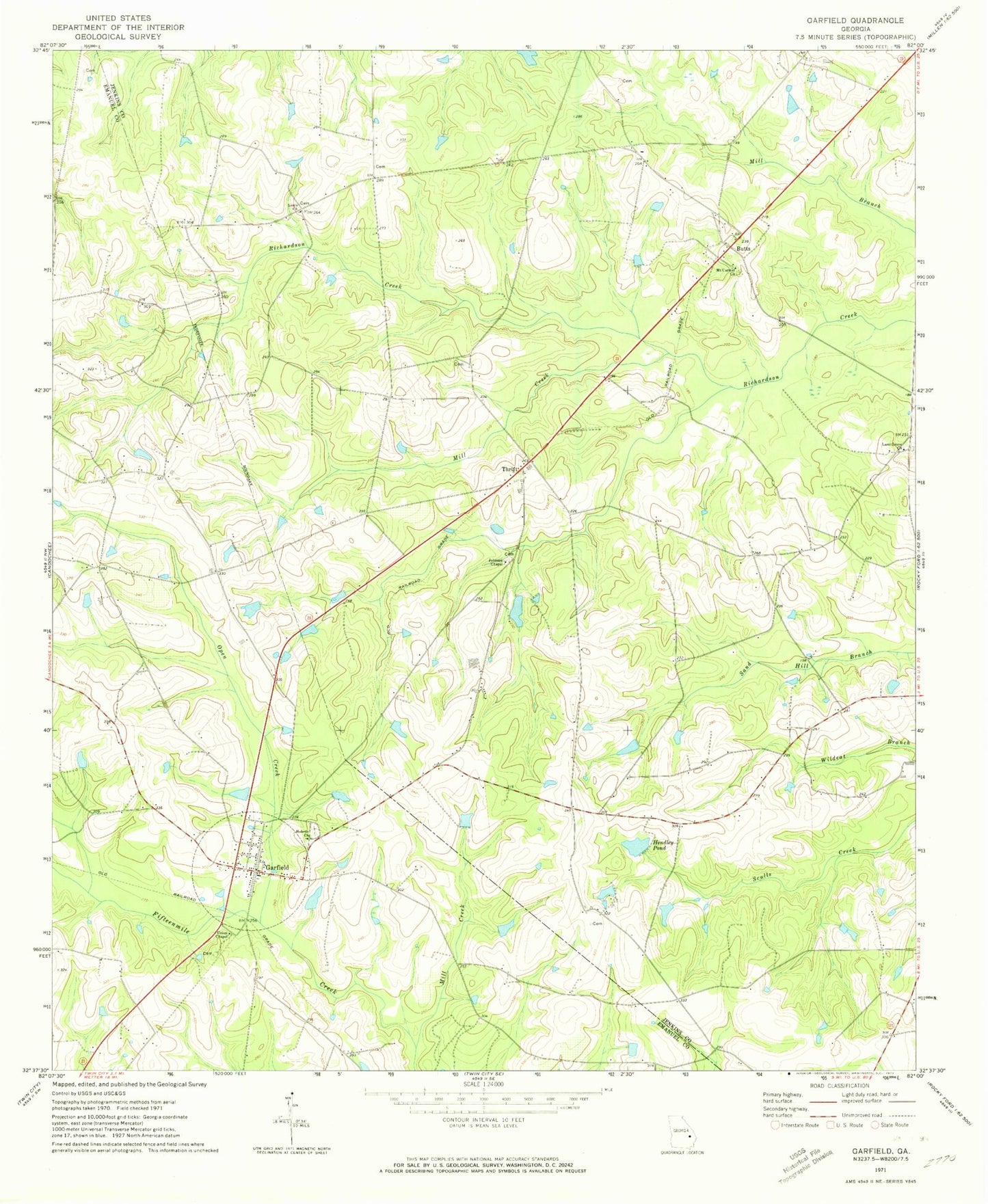 Classic USGS Garfield Georgia 7.5'x7.5' Topo Map Image