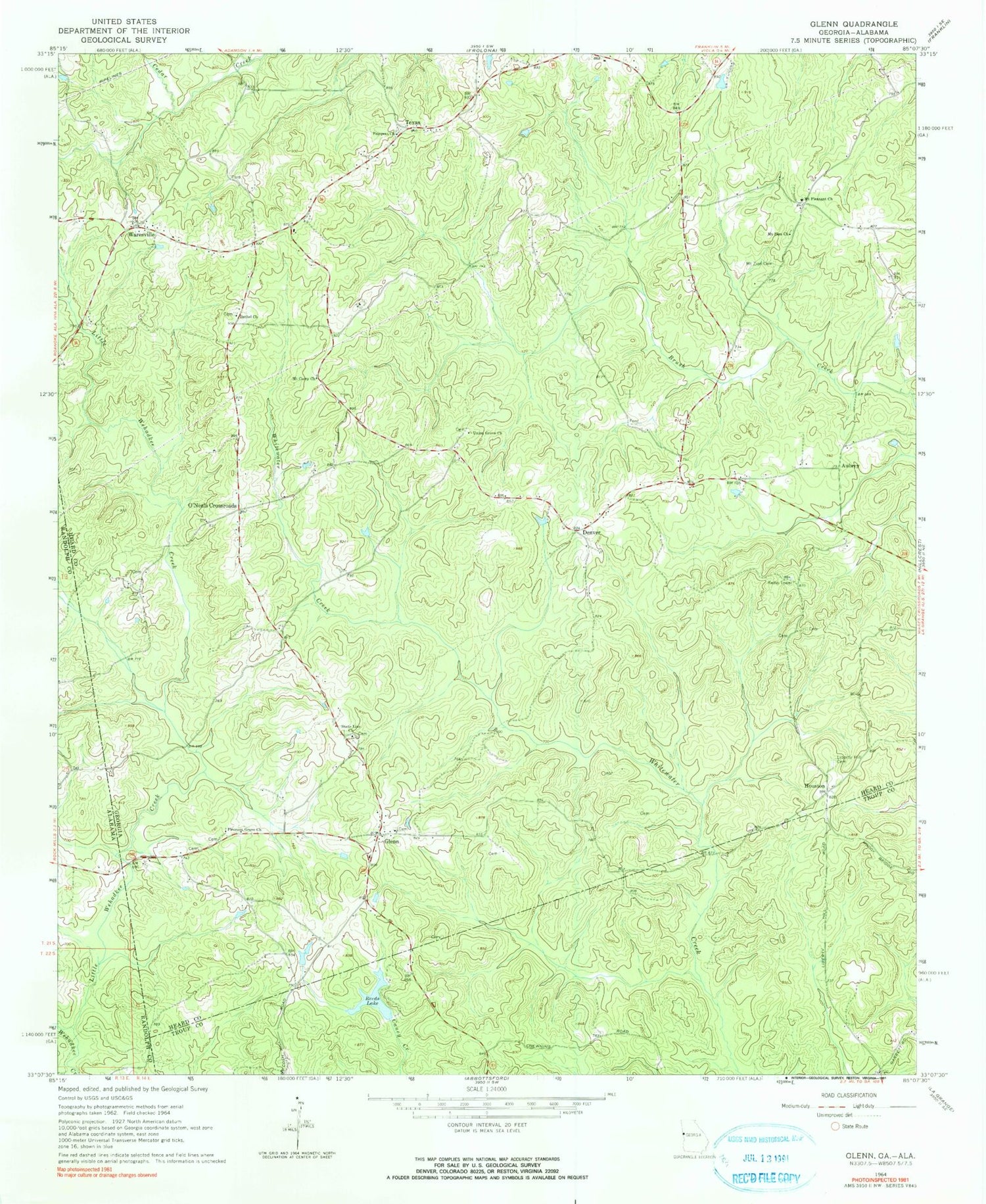 Classic USGS Glenn Georgia 7.5'x7.5' Topo Map Image