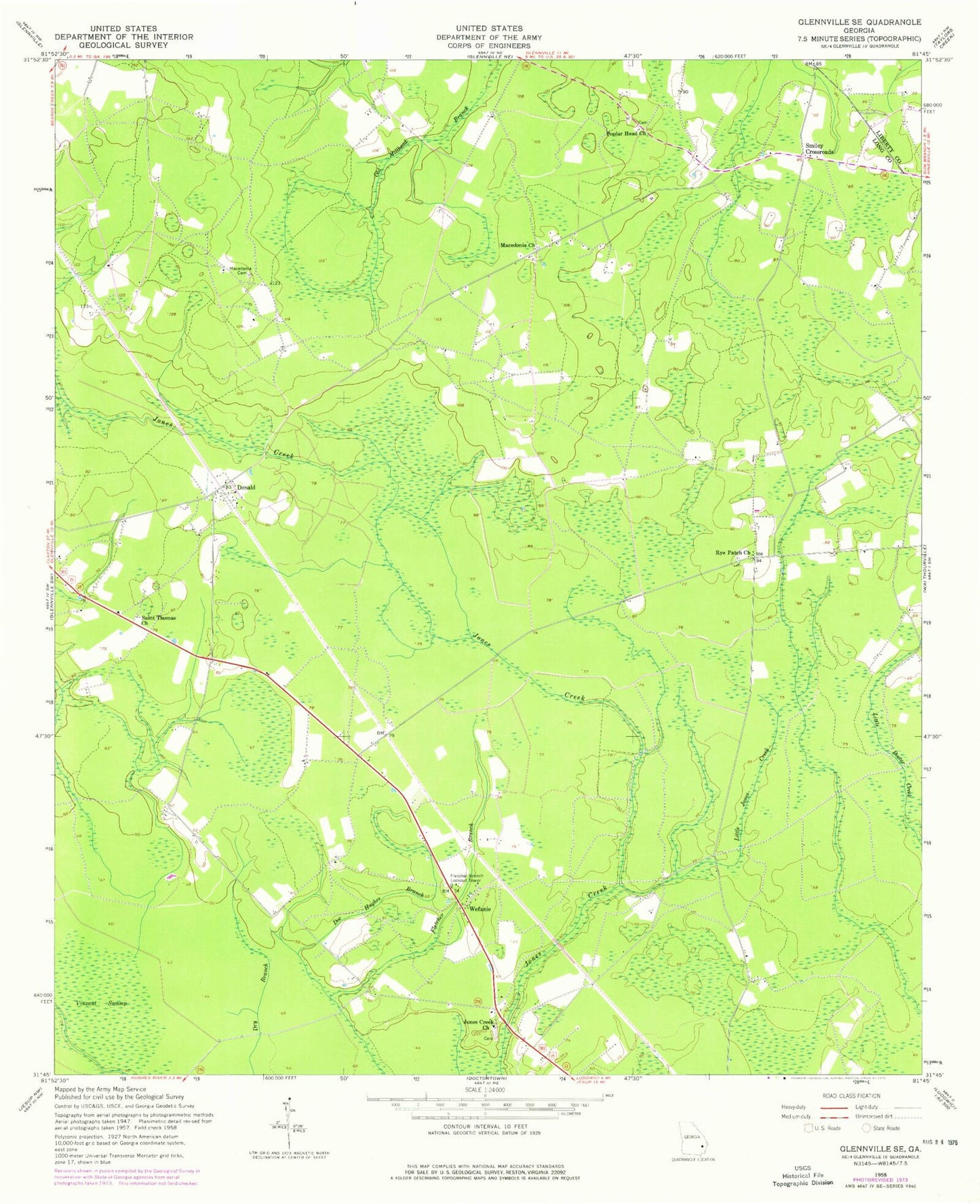 Classic USGS Glennville SE Georgia 7.5'x7.5' Topo Map Image