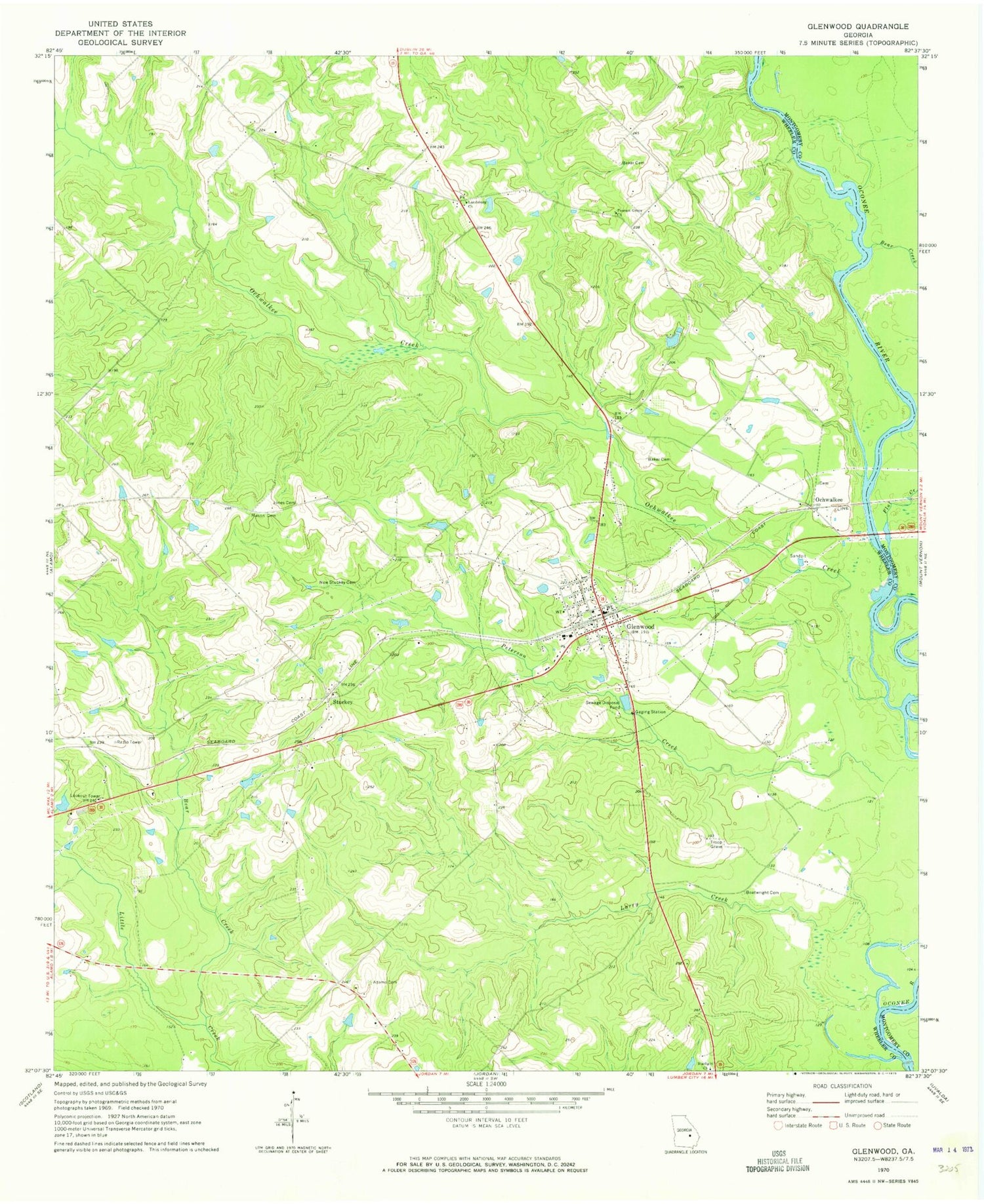 Classic USGS Glenwood Georgia 7.5'x7.5' Topo Map Image