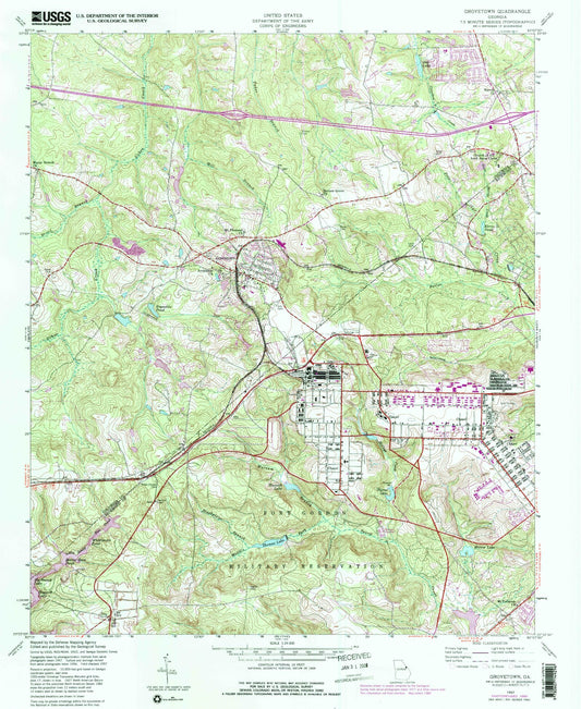 Classic USGS Grovetown Georgia 7.5'x7.5' Topo Map Image