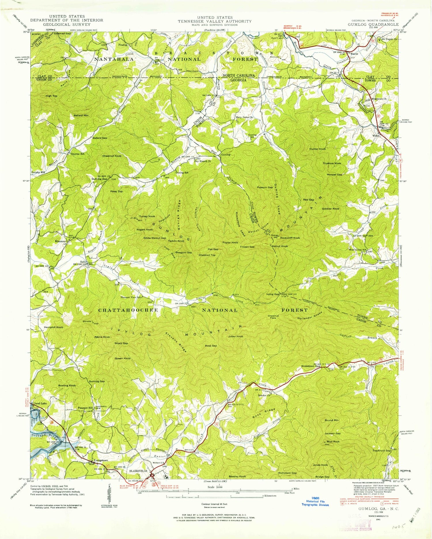 Classic USGS Blairsville Georgia 7.5'x7.5' Topo Map Image